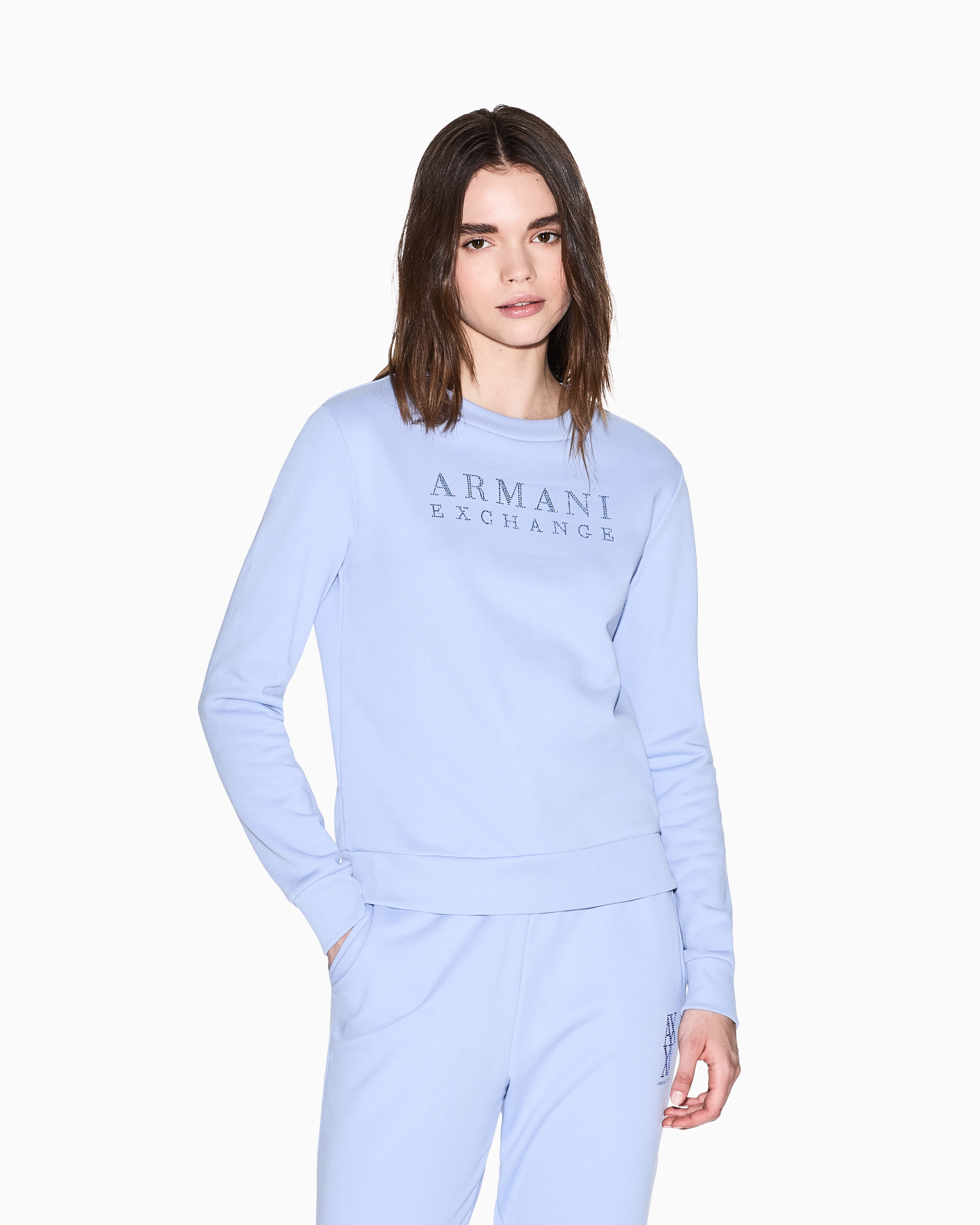 Armani Exchange - Crewneck sweatshirt with small logo, Woman, Light Blue, Size: