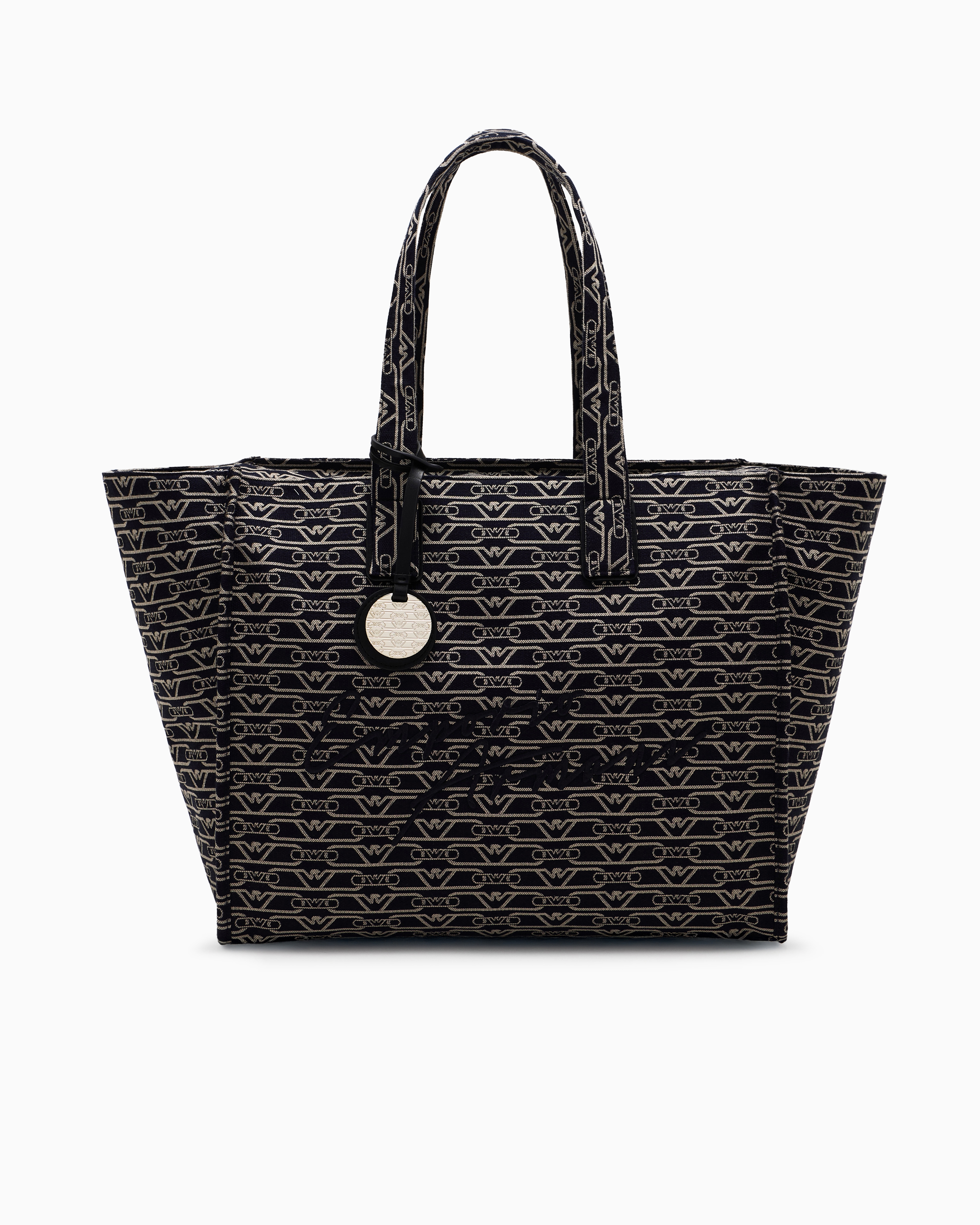 Emporio Armani - Large shopper bag in jacquard canvas with all-over monogram, Woman, Blue, Size: TU