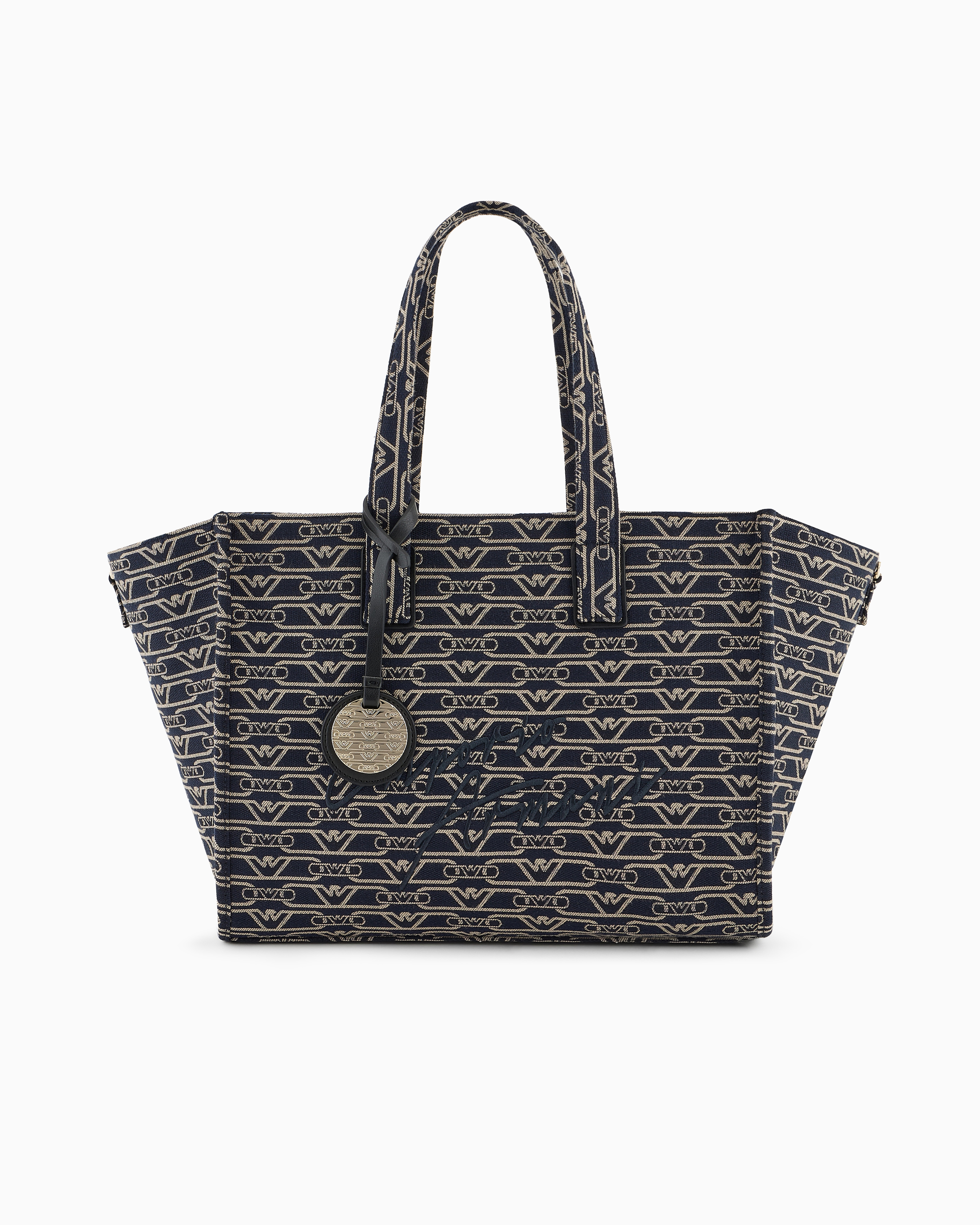 Emporio Armani - Medium shopper bag in jacquard canvas with all-over monogram, Woman, Blue, Size: TU