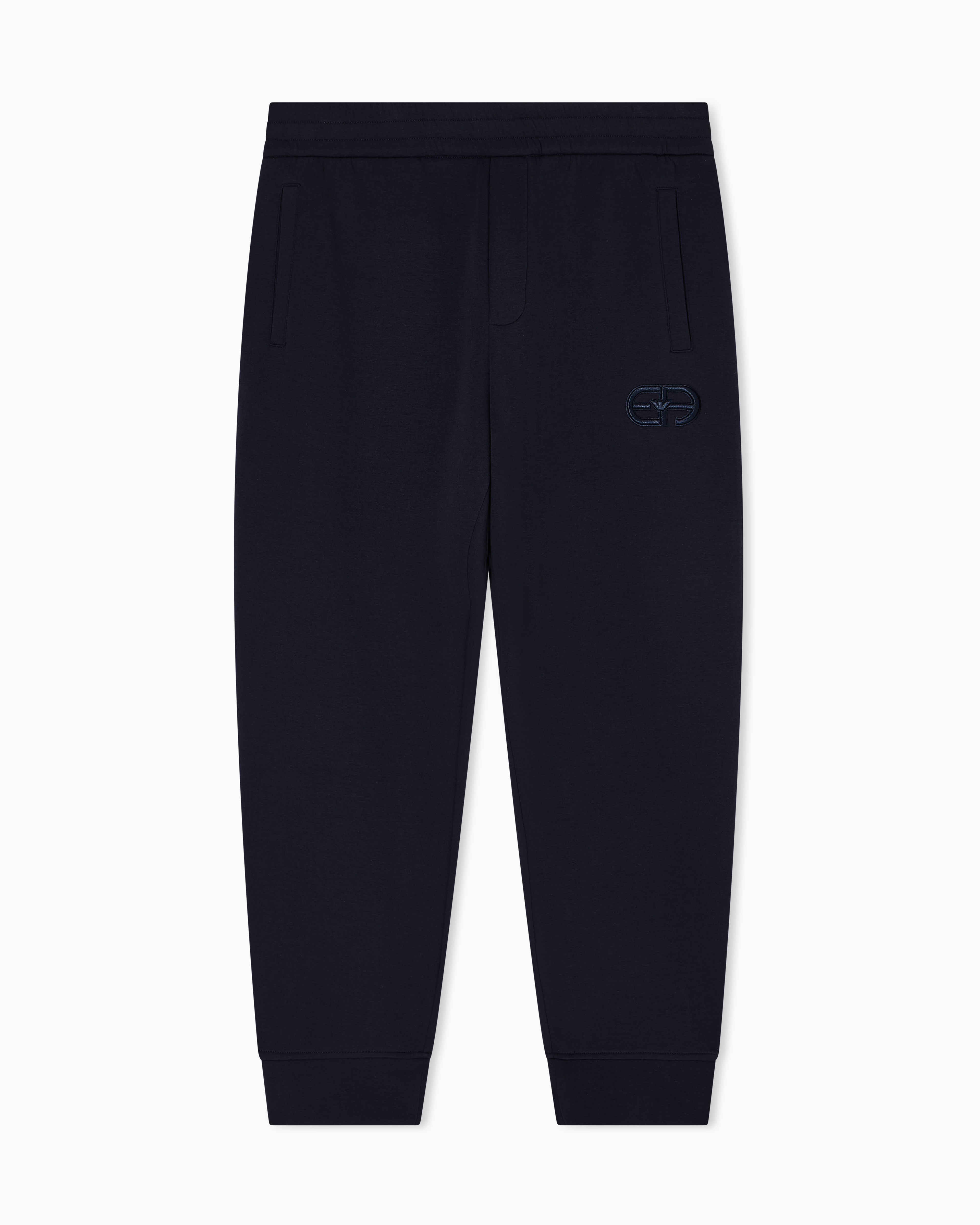 Emporio Armani - Double-jersey joggers with embossed embroidered EA logo, Man, Navy Blue, Size: