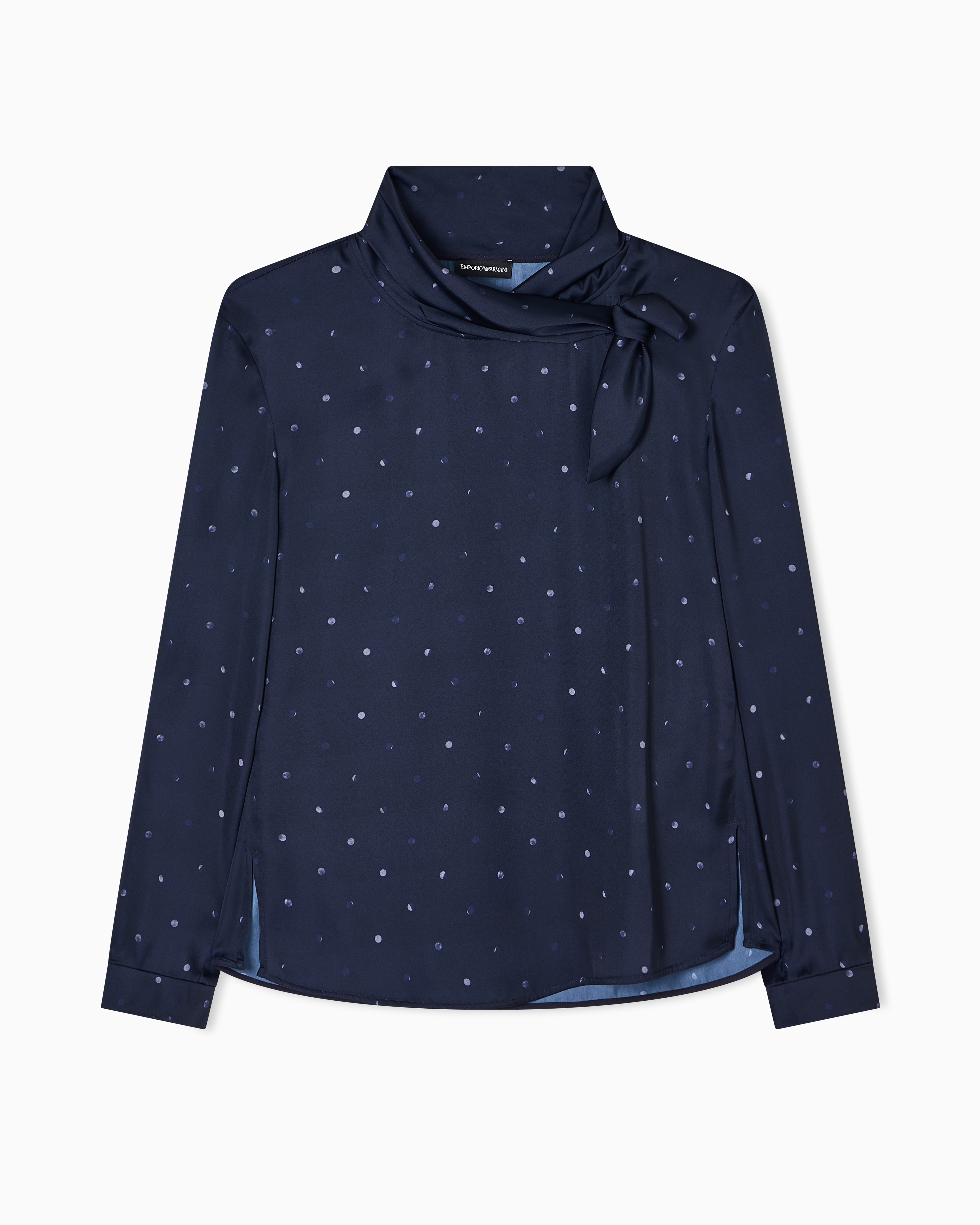 Emporio Armani - Satin foulard-collar blouse with polka-dot print, Woman, Navy Blue, Size: