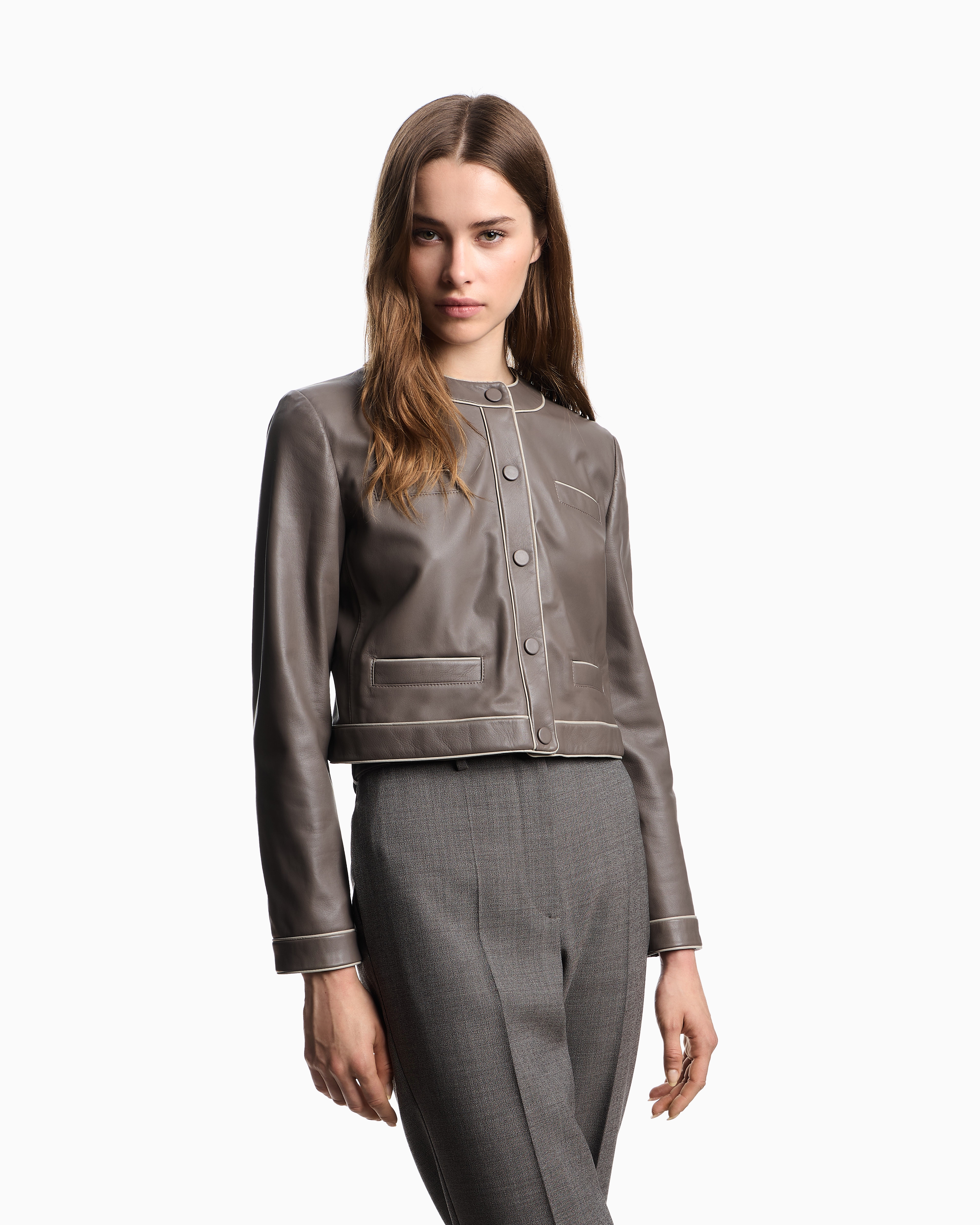 Emporio Armani - Semi-aniline lambskin nappa leather jacket, Woman, Brown, Size: