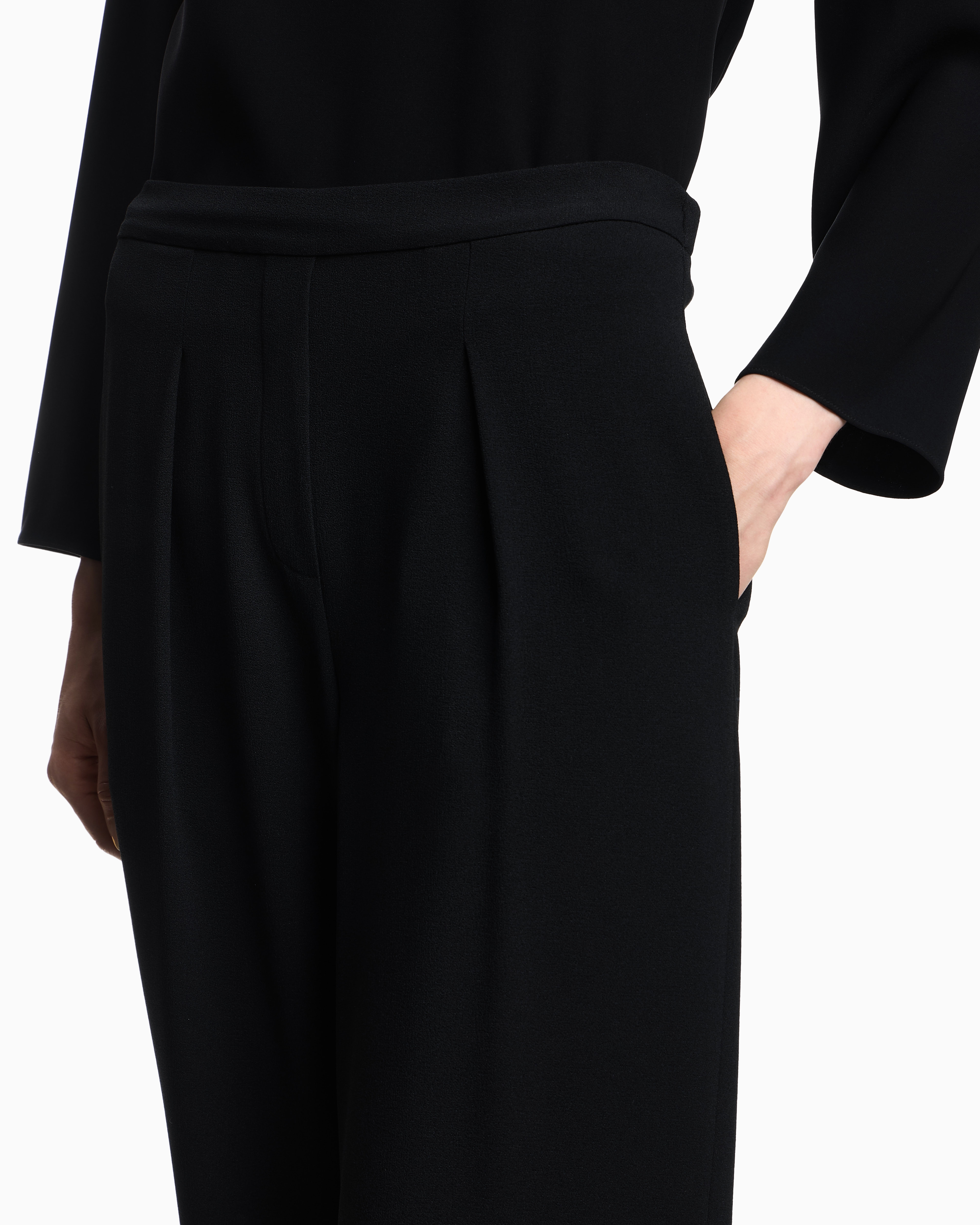 Emporio Armani - Stretch sandblasted fabric trousers with pleats, Woman, Black, Size: