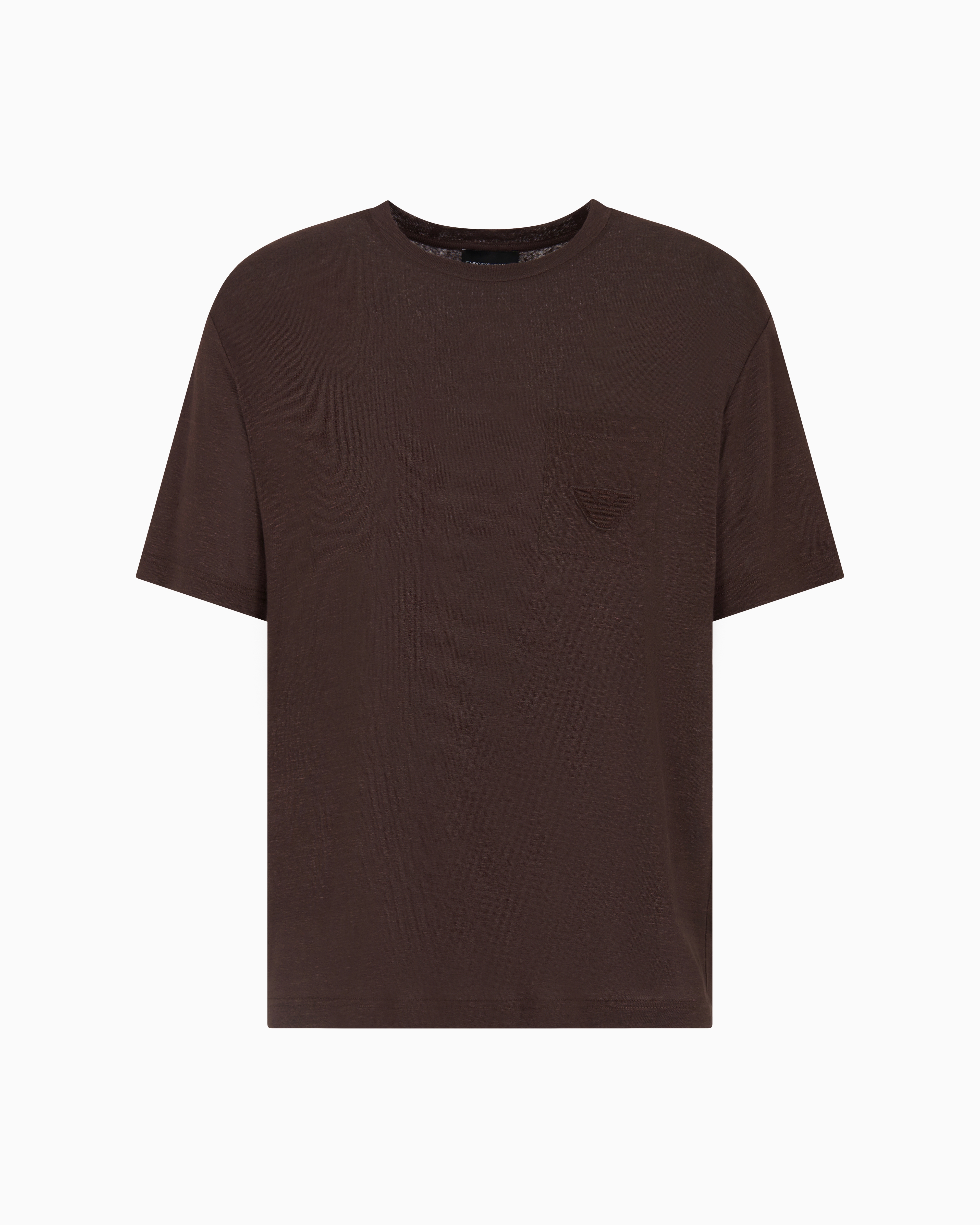 Emporio Armani - Linen T-shirt with eagle embroidery patch, Man, Brown, Size: