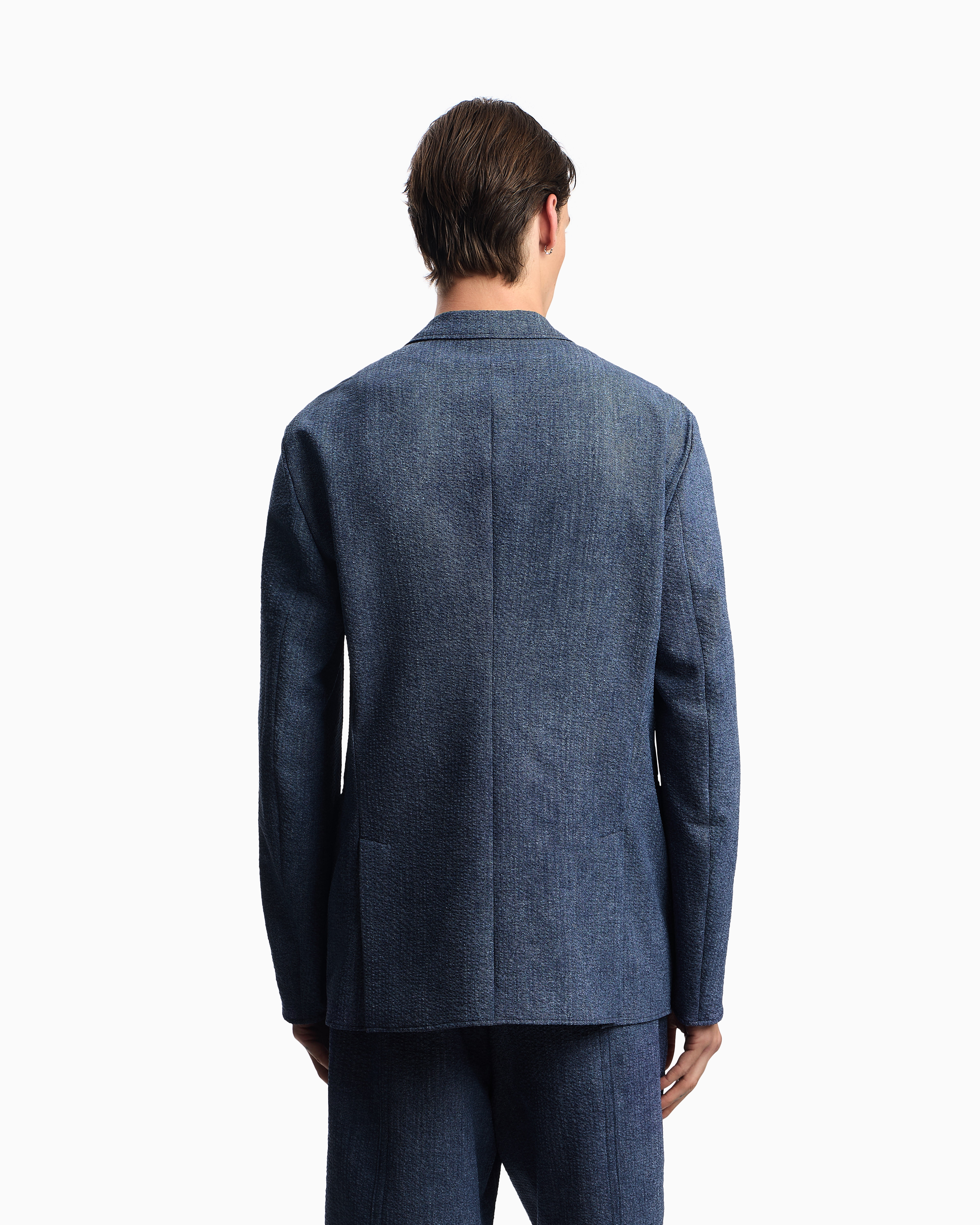 Emporio Armani - Printed seersucker single-breasted blazer, Man, Blue, Size: