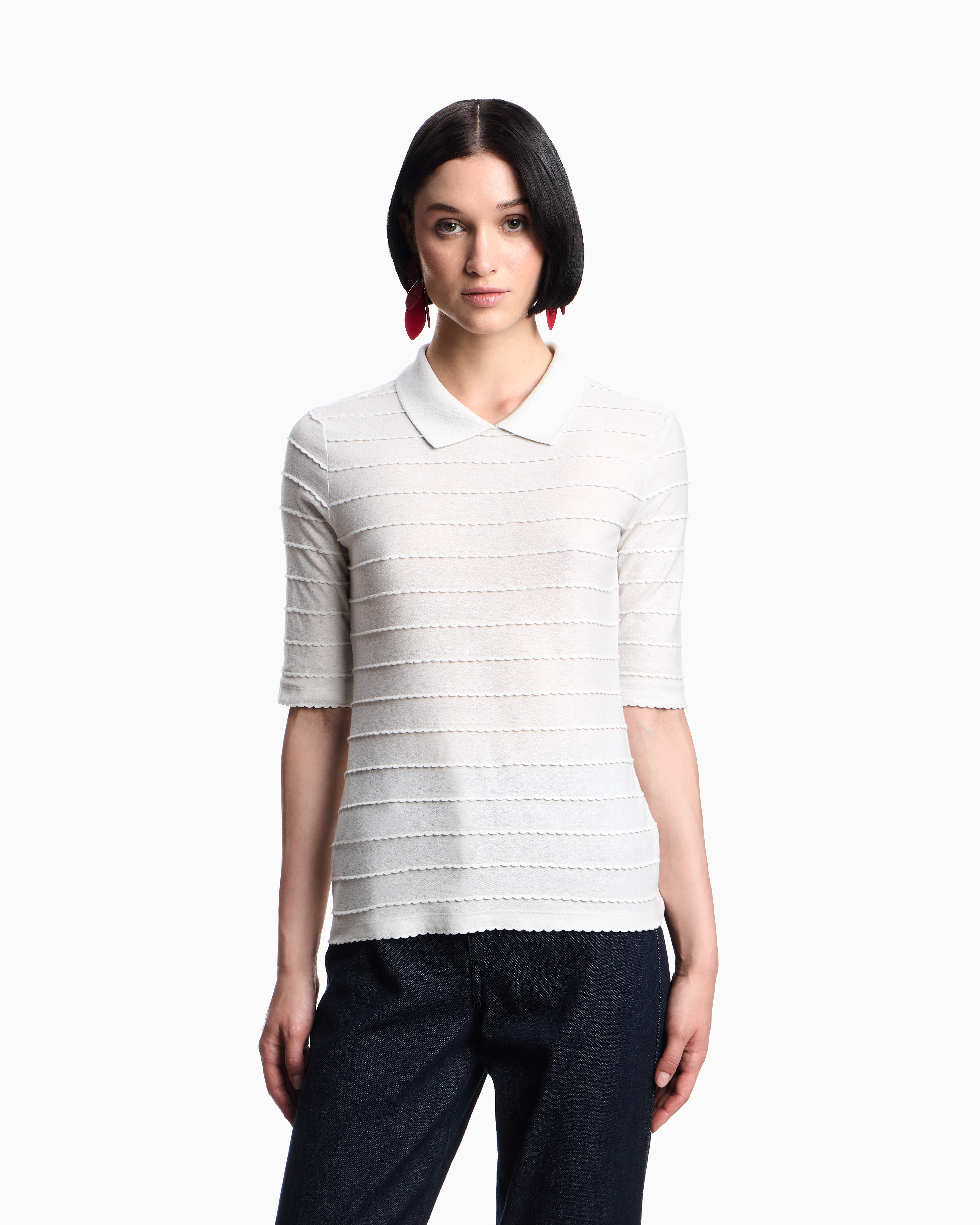 Emporio Armani - Jersey polo shirt with lace details, Woman, Beige, Size: