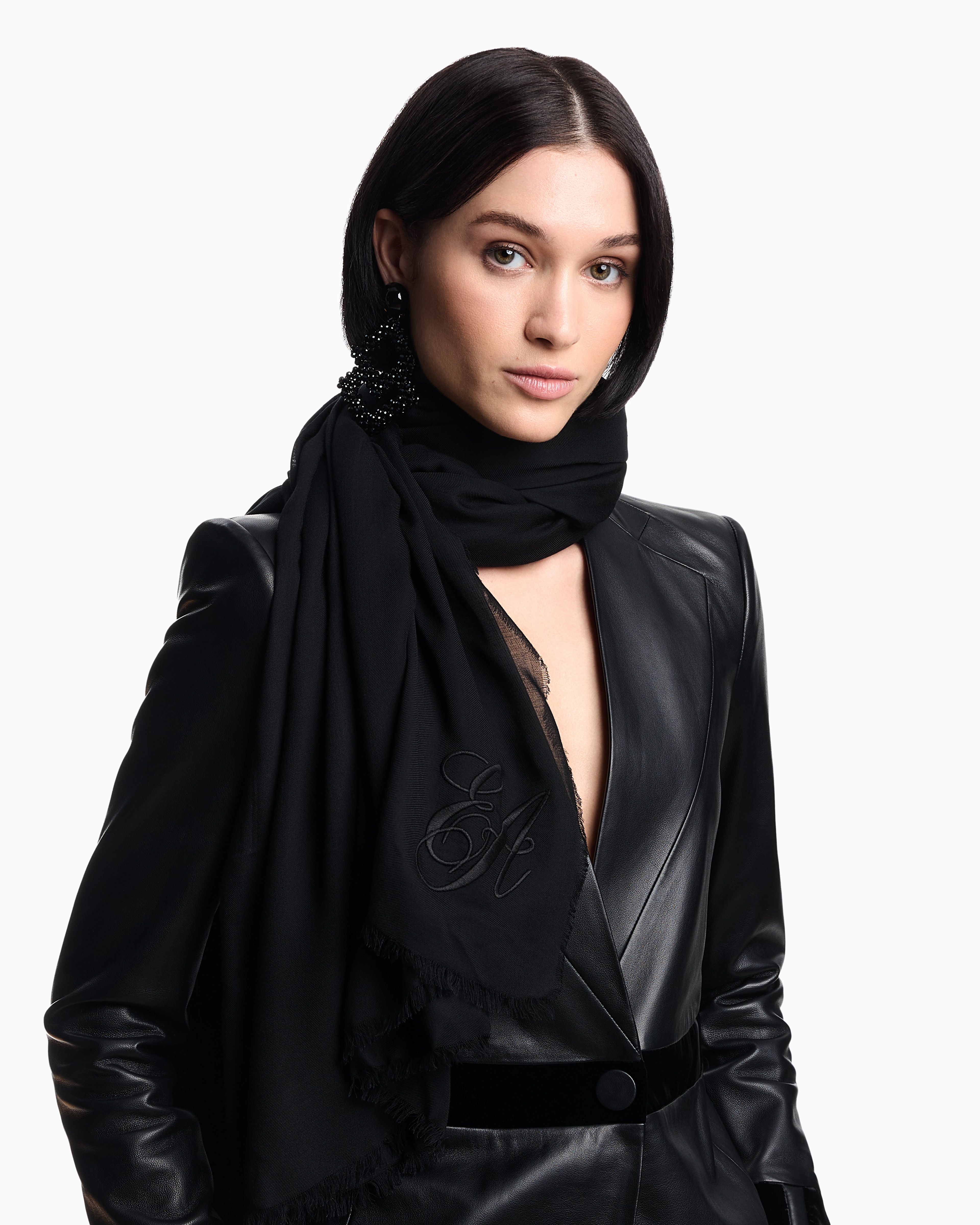 Emporio Armani - Oversized modal stole with EA signature embroidery, Woman, Black, Size: TU