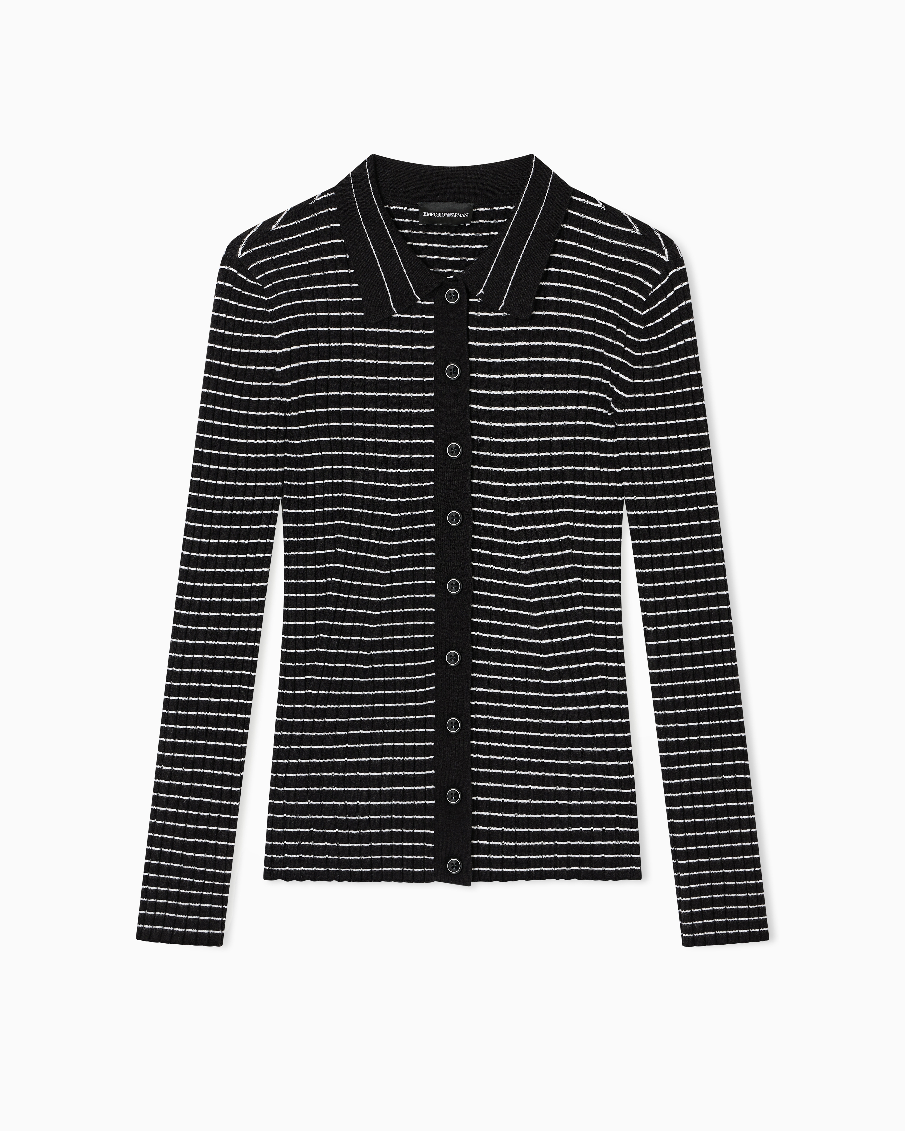 Emporio Armani - Ribbed cardigan with striped motif, Woman, Black, Size: