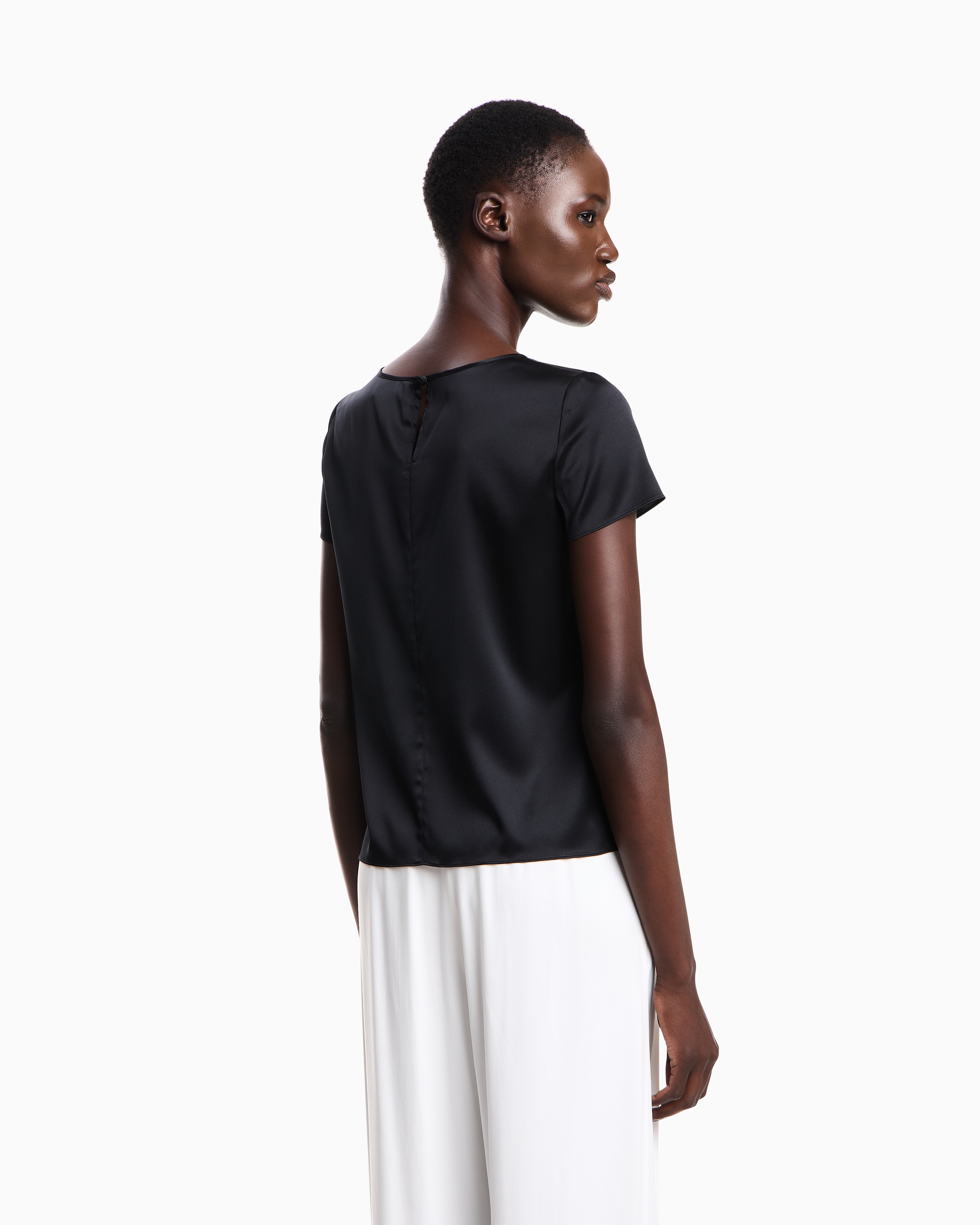 Emporio Armani - Short-sleeved silk satin blouse, Woman, Black, Size: