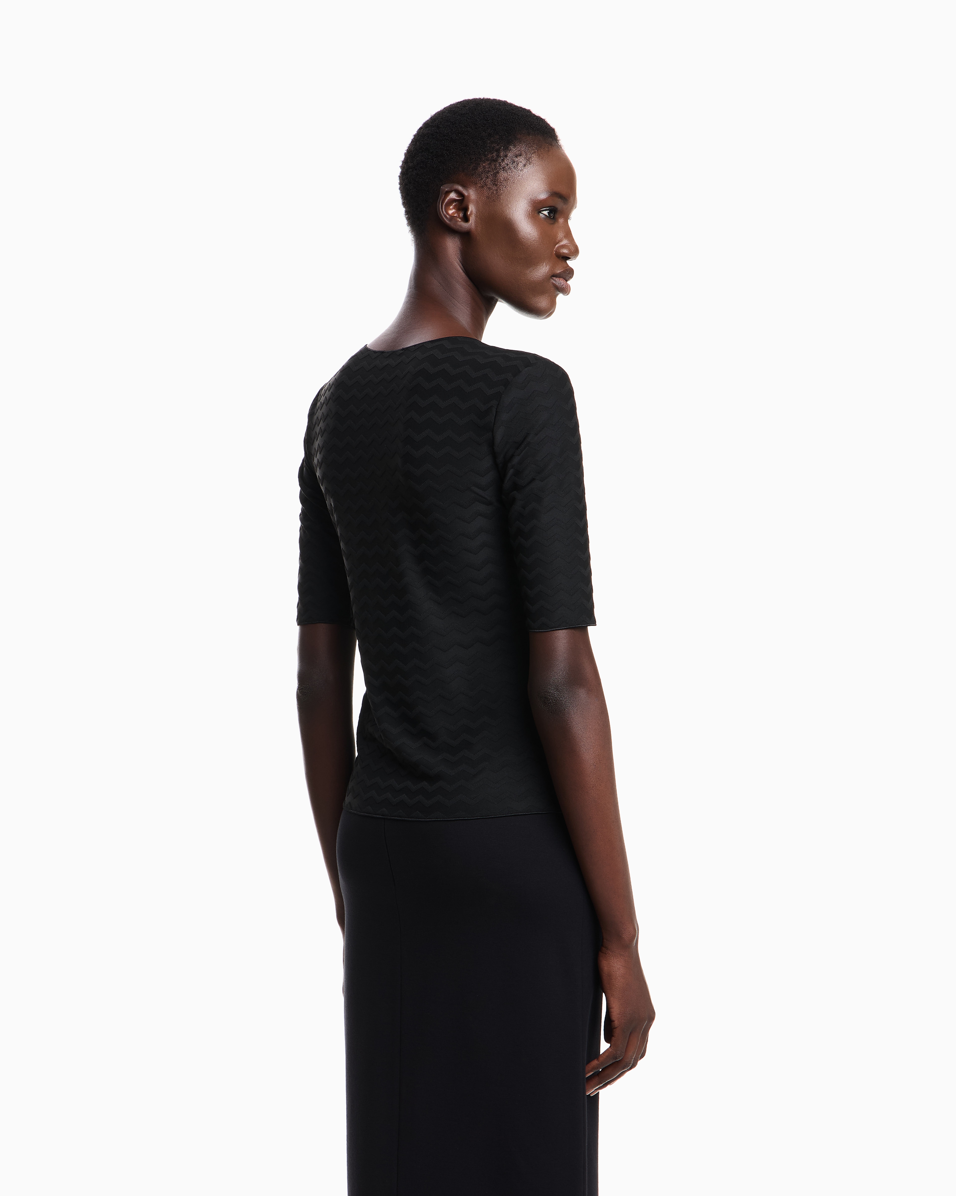 Emporio Armani - Two-way stretch jacquard motif nylon-jersey V-neck jumper, Woman, Black, Size: