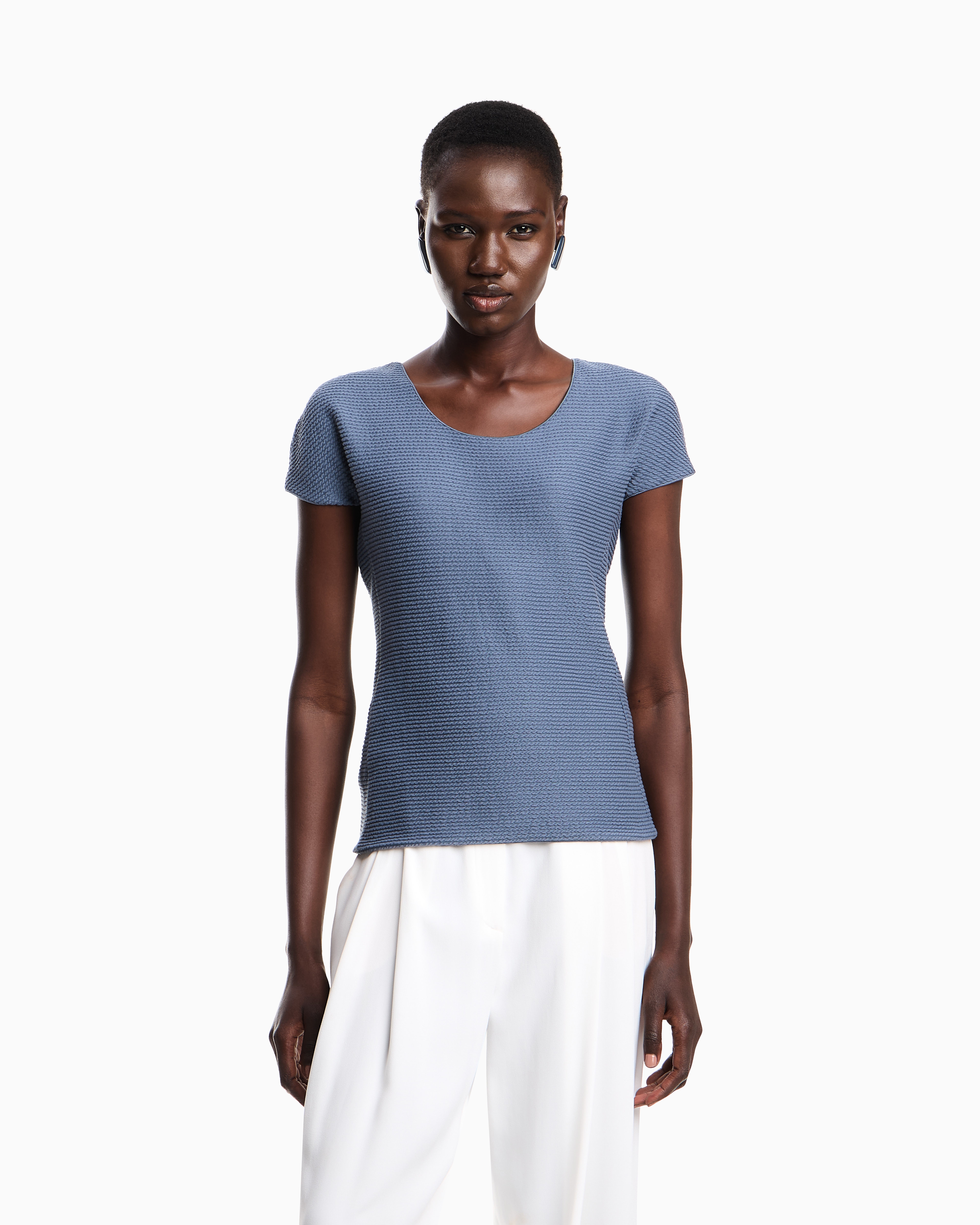 Emporio Armani - T-shirt textured-effect jersey, Woman, Light Blue, Size: