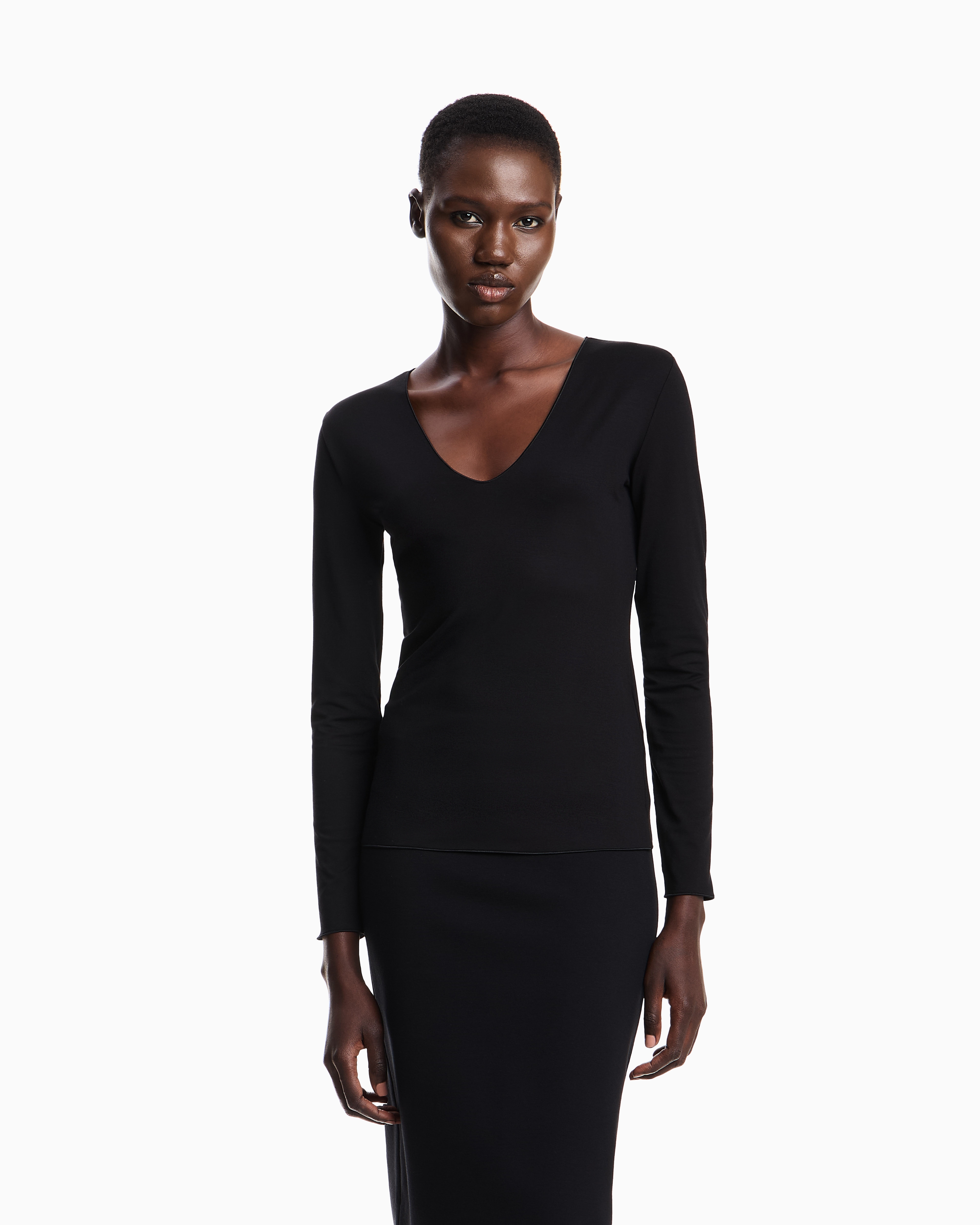 Emporio Armani - Stretch jersey V-neck jumper, Woman, Black, Size: