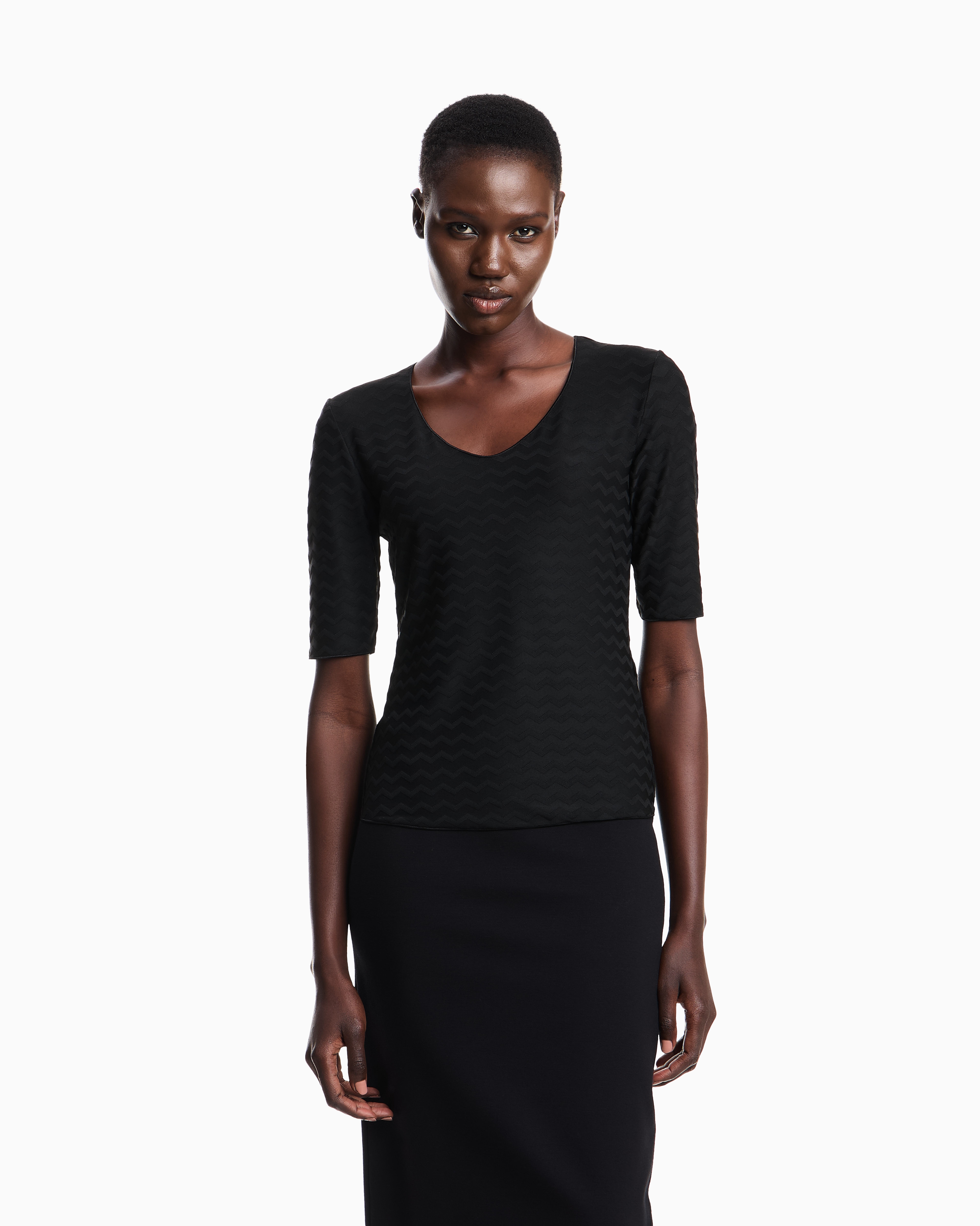 Emporio Armani - Two-way stretch jacquard motif nylon-jersey V-neck jumper, Woman, Black, Size: