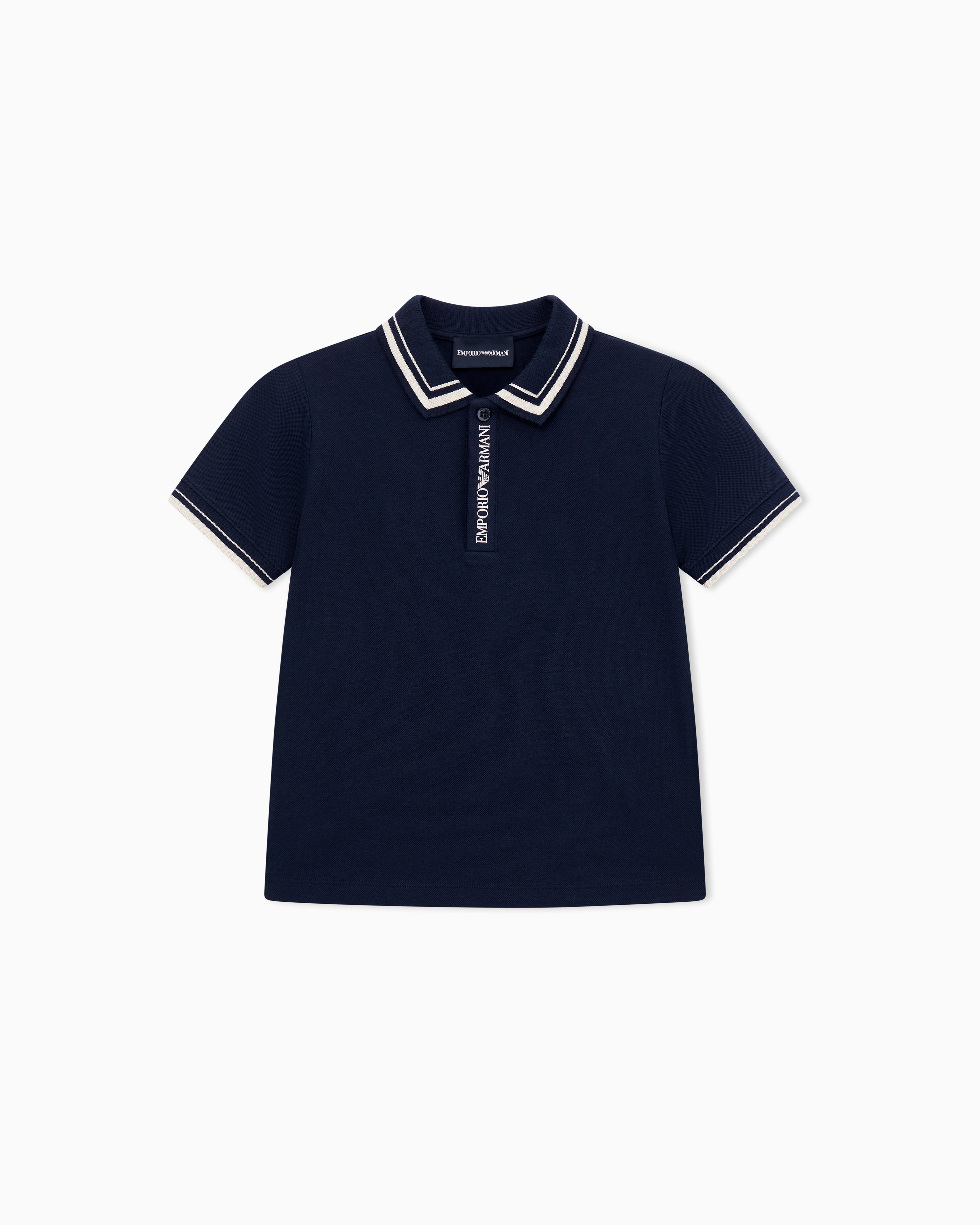 Emporio Armani - Piqué jersey polo shirt with piping detail, Boy, Navy Blue, Size: