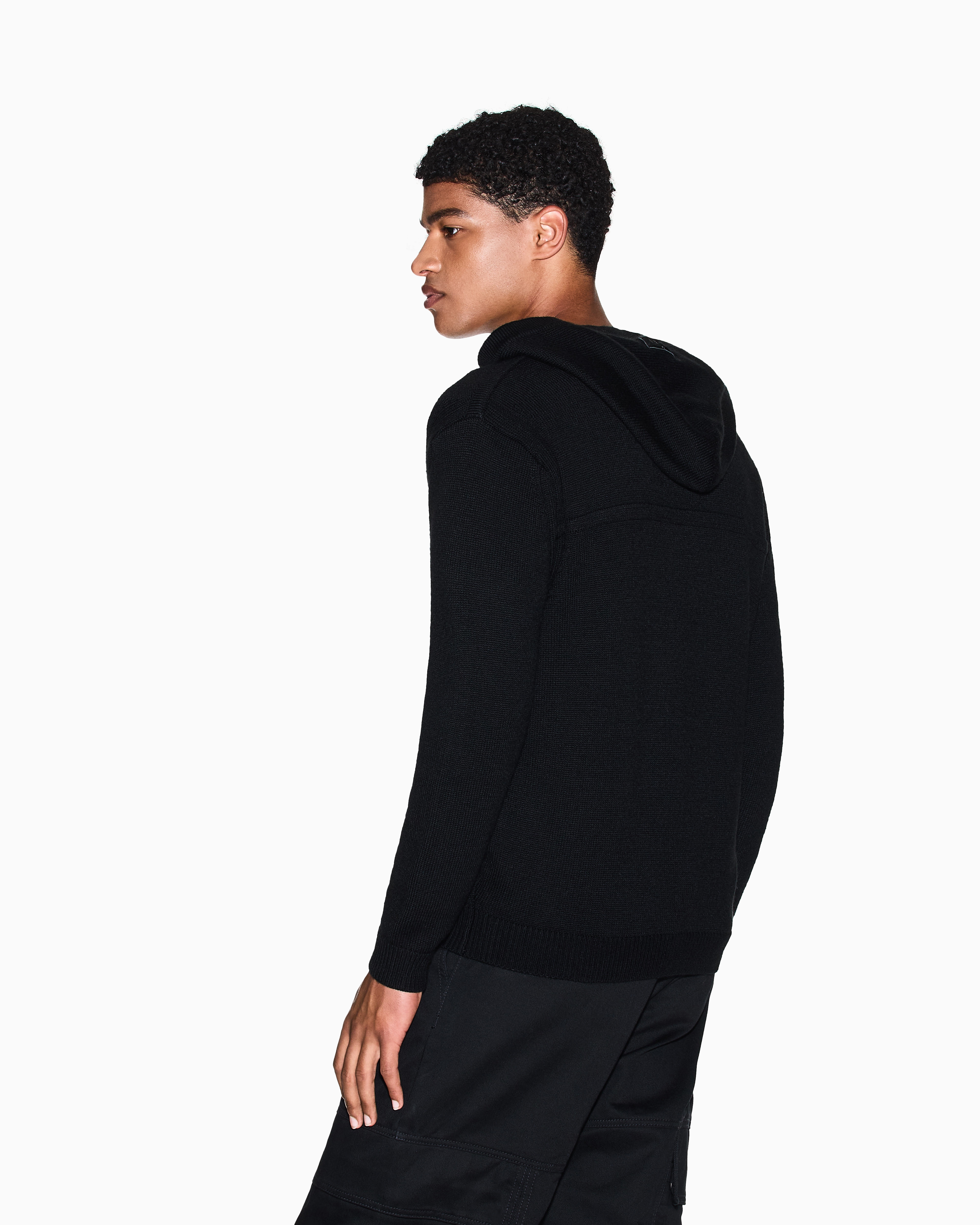 Armani Exchange -  Wool Blend Zip Up Hooded Cardigan, Man, Black, Size:
