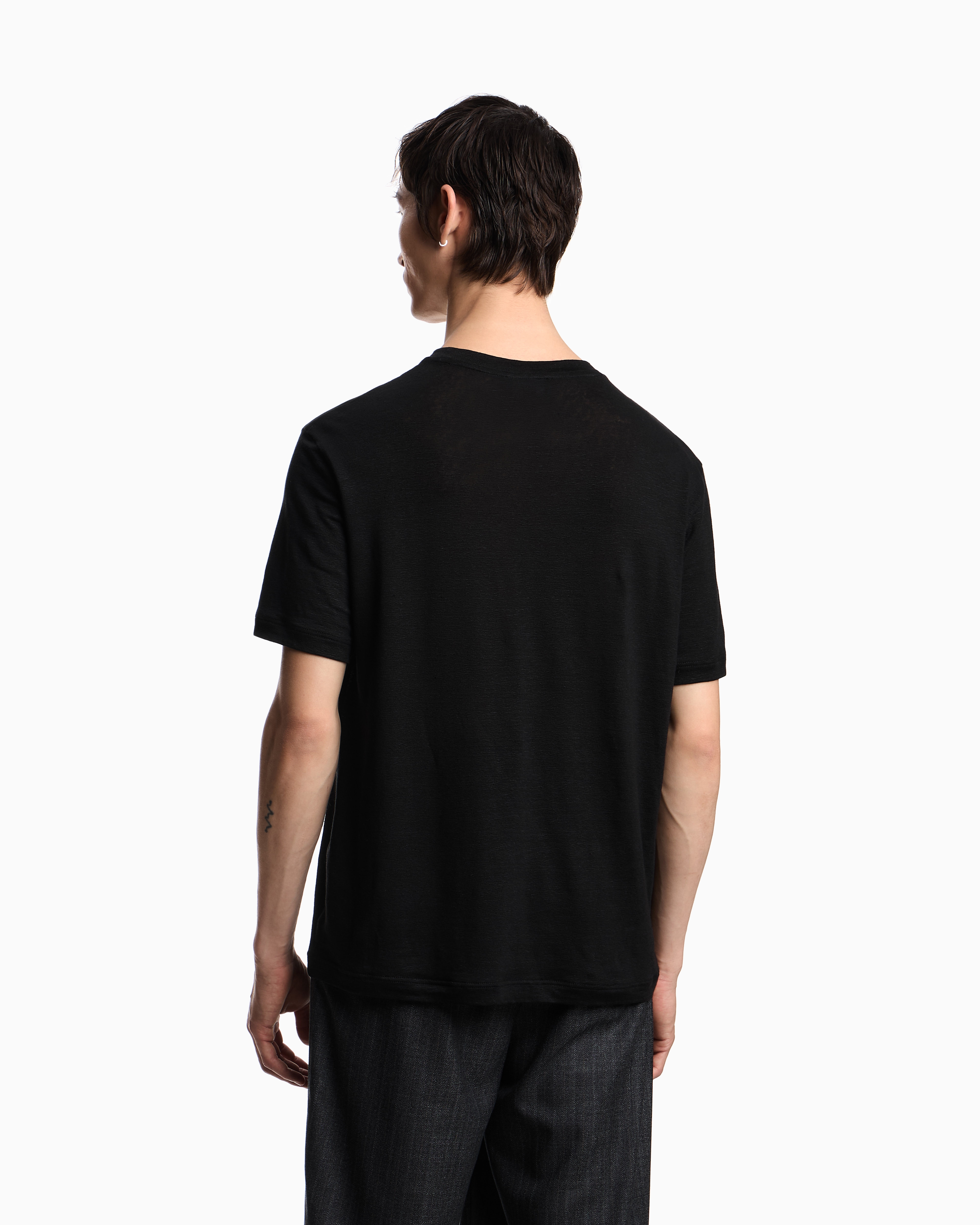 Emporio Armani - Linen T-shirt with eagle embroidery patch, Man, Black, Size: