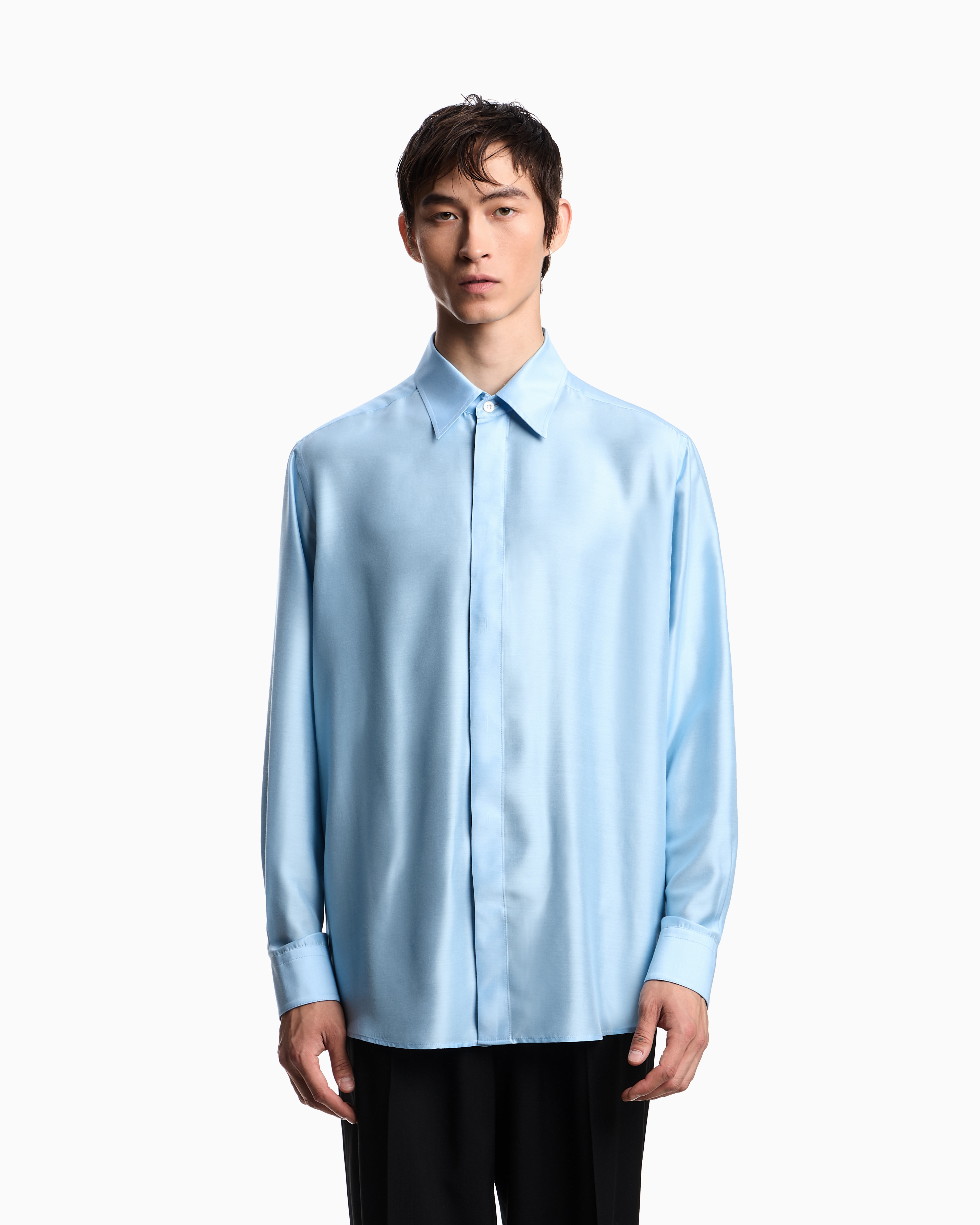 Emporio Armani - Limited Edition silk-blend shirt, Man, Light Blue, Size: