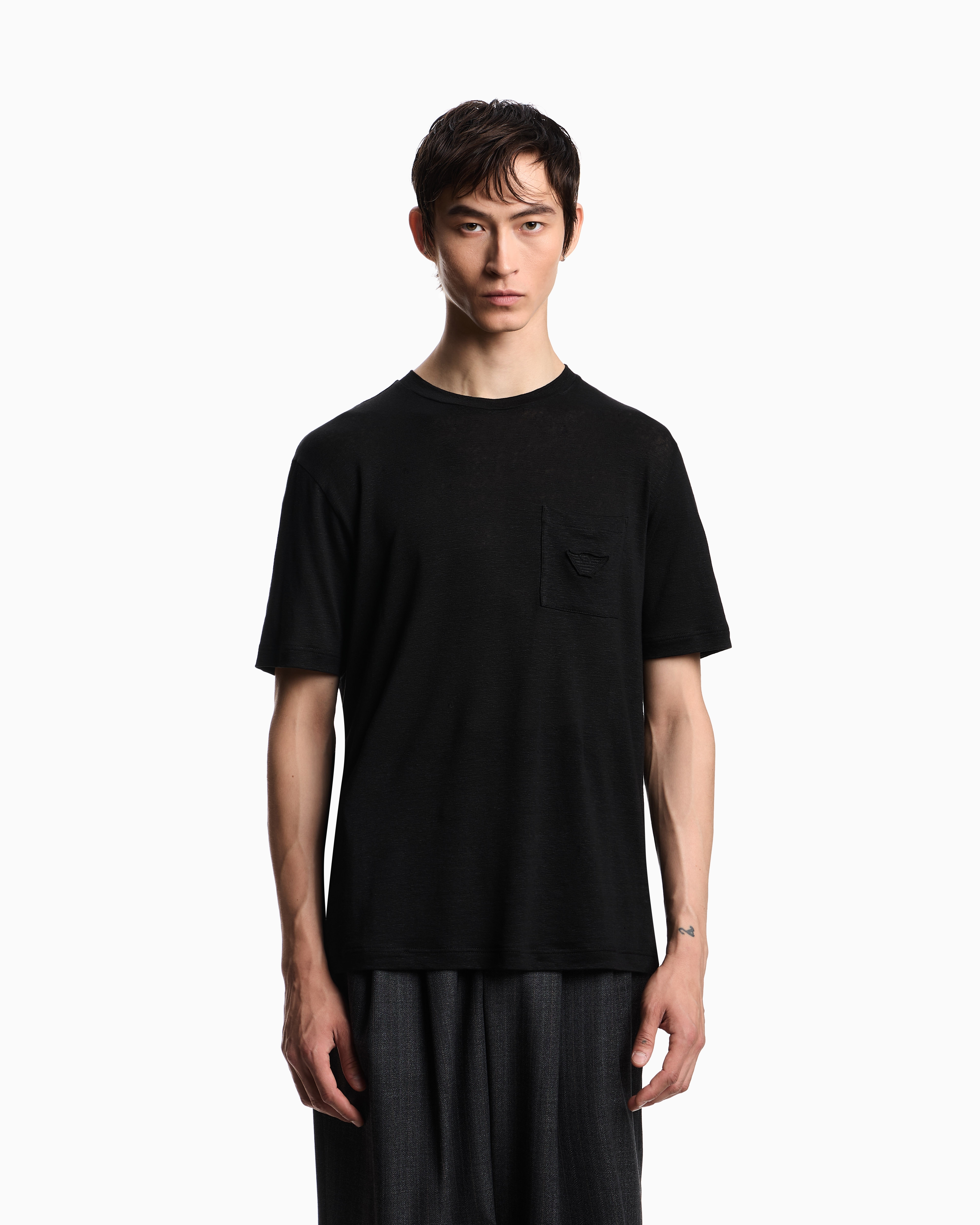 Emporio Armani - Linen T-shirt with eagle embroidery patch, Man, Black, Size: