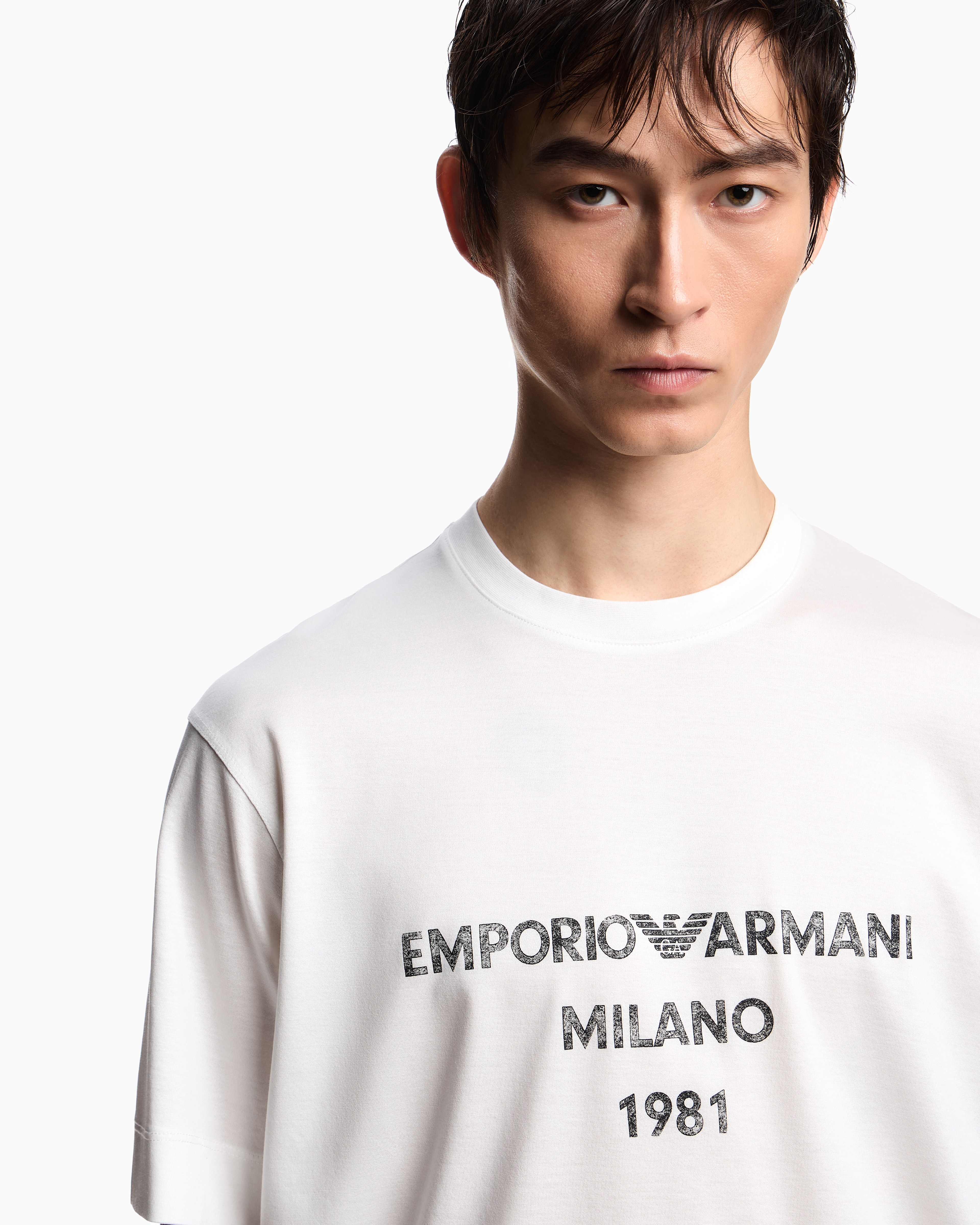 Emporio Armani - ASV Lyocell T-shirt with vintage-effect logo print, Man, White, Size: