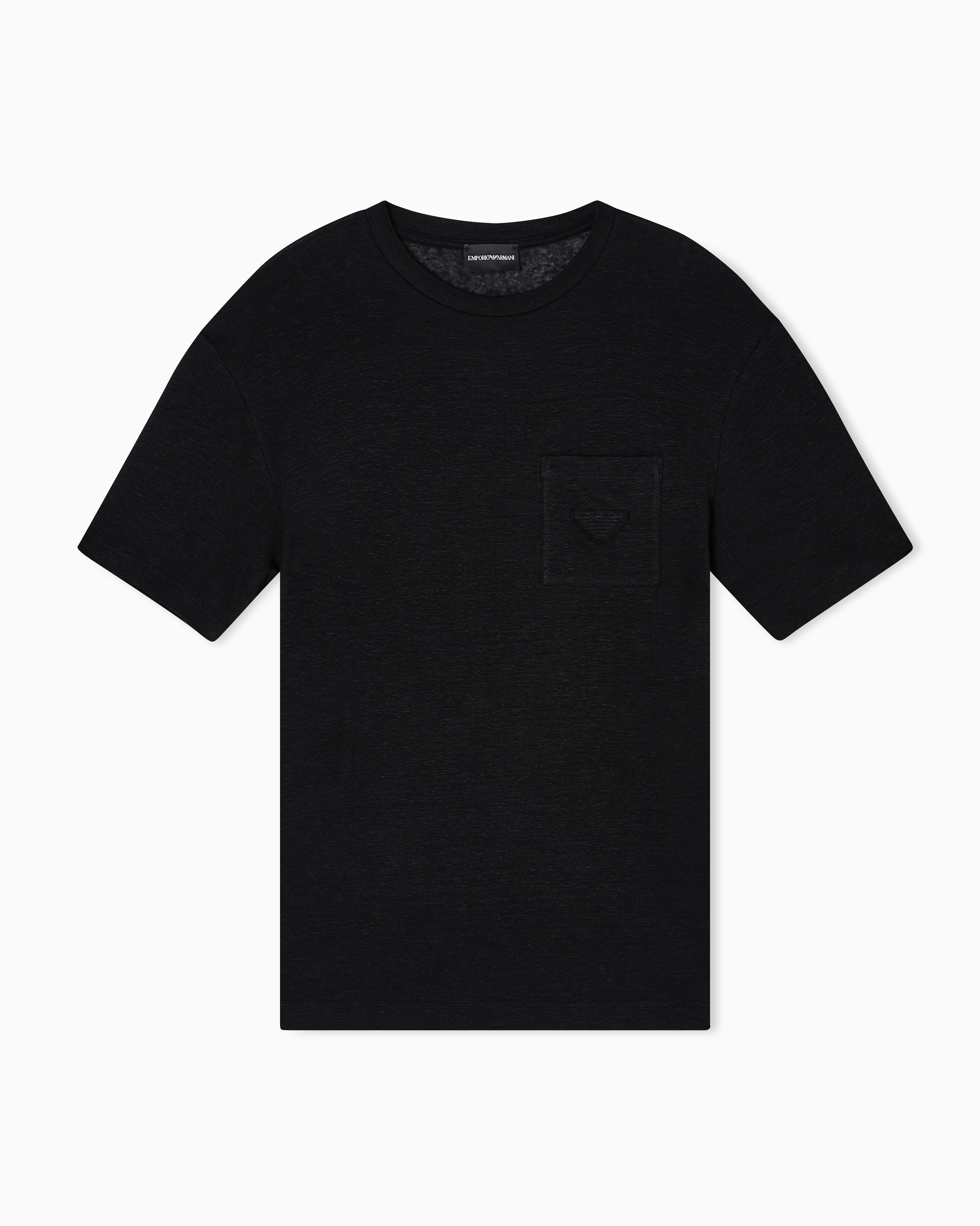 Emporio Armani - Linen T-shirt with eagle embroidery patch, Man, Black, Size: