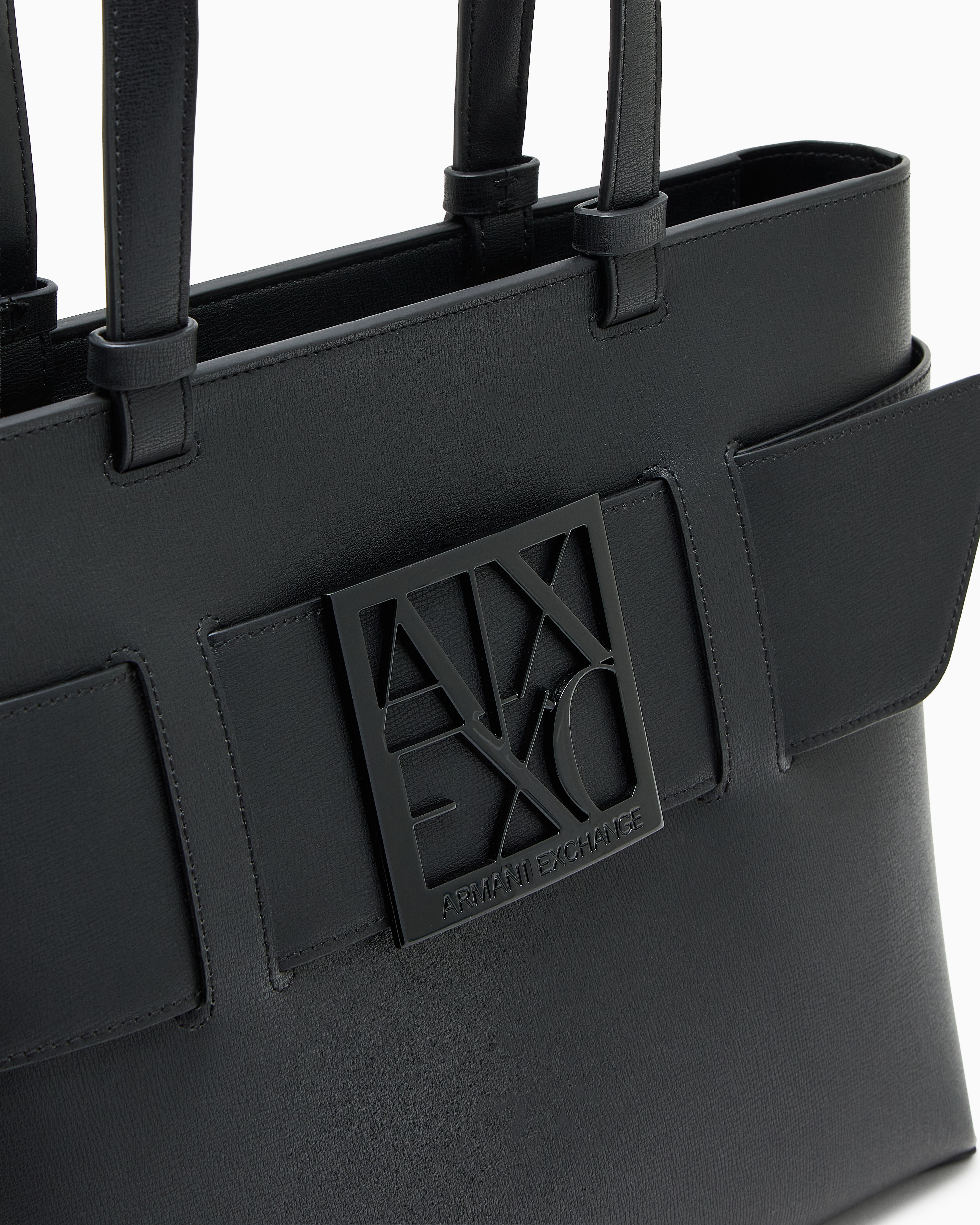 Armani Exchange - Medium shopper bag with tone-on-tone monogram, Woman, Black, Size: TU