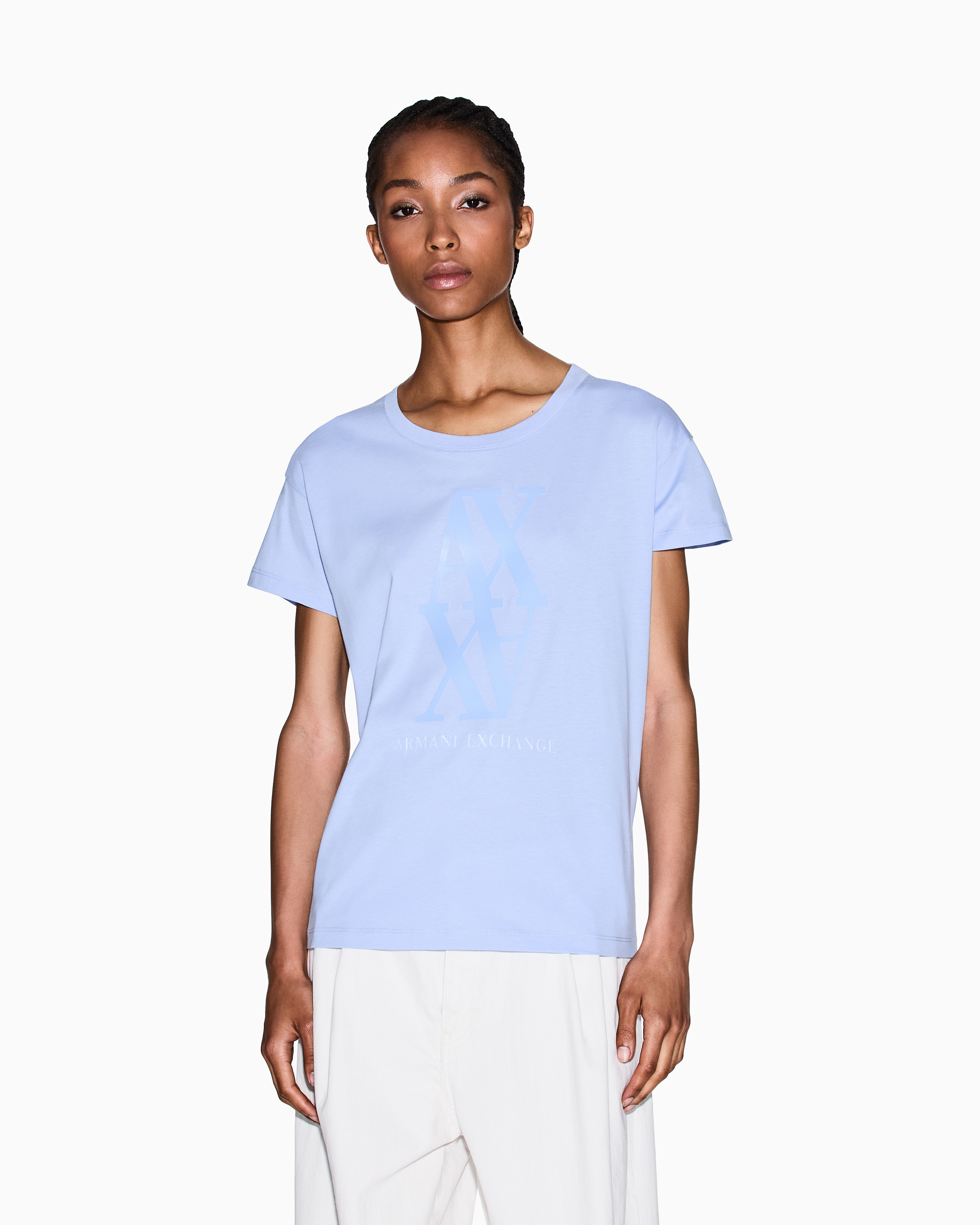 Armani Exchange - Regular fit T-shirt with maxi logo, Woman, Light Blue, Size: