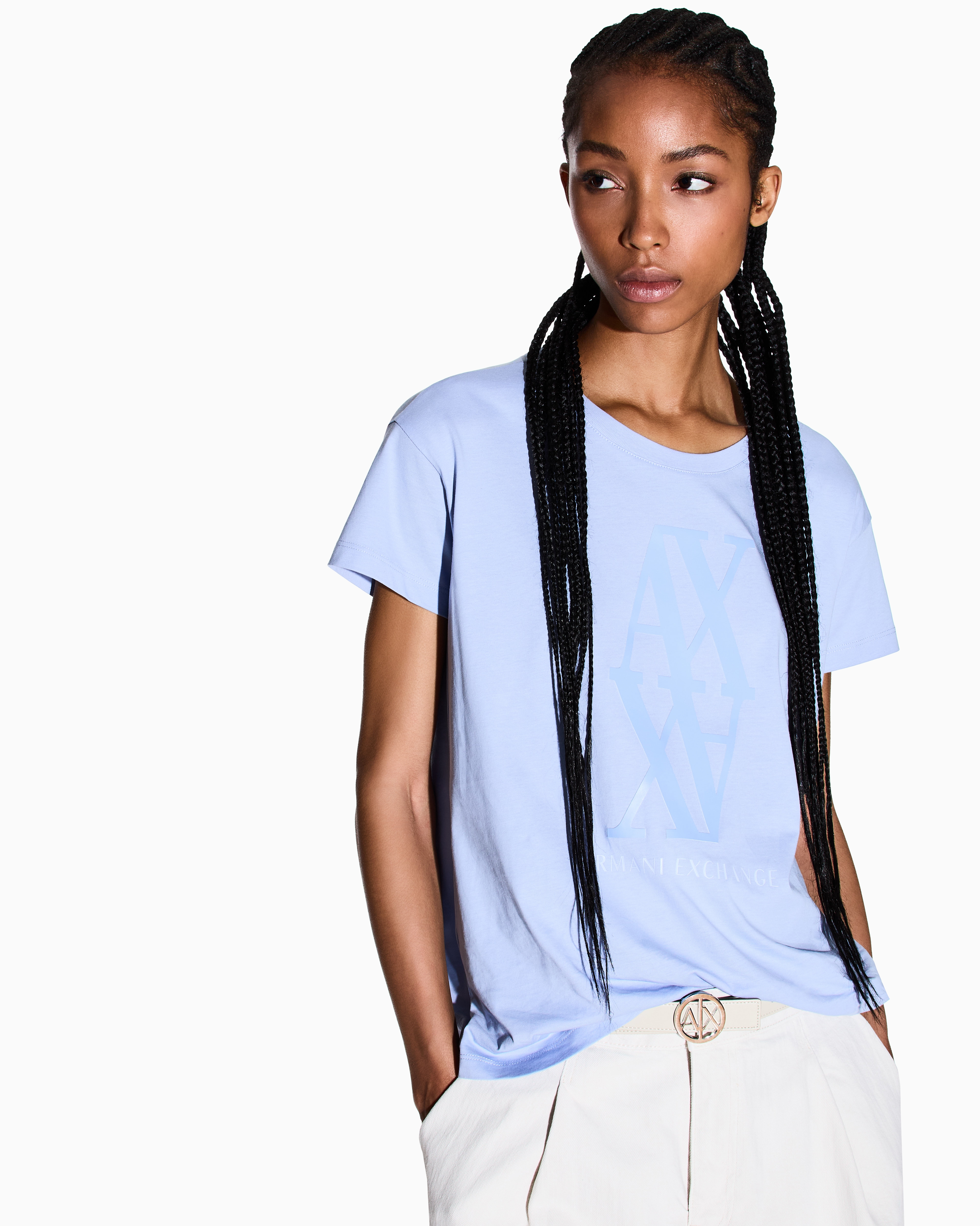 Armani Exchange - Regular fit T-shirt with maxi logo, Woman, Light Blue, Size: