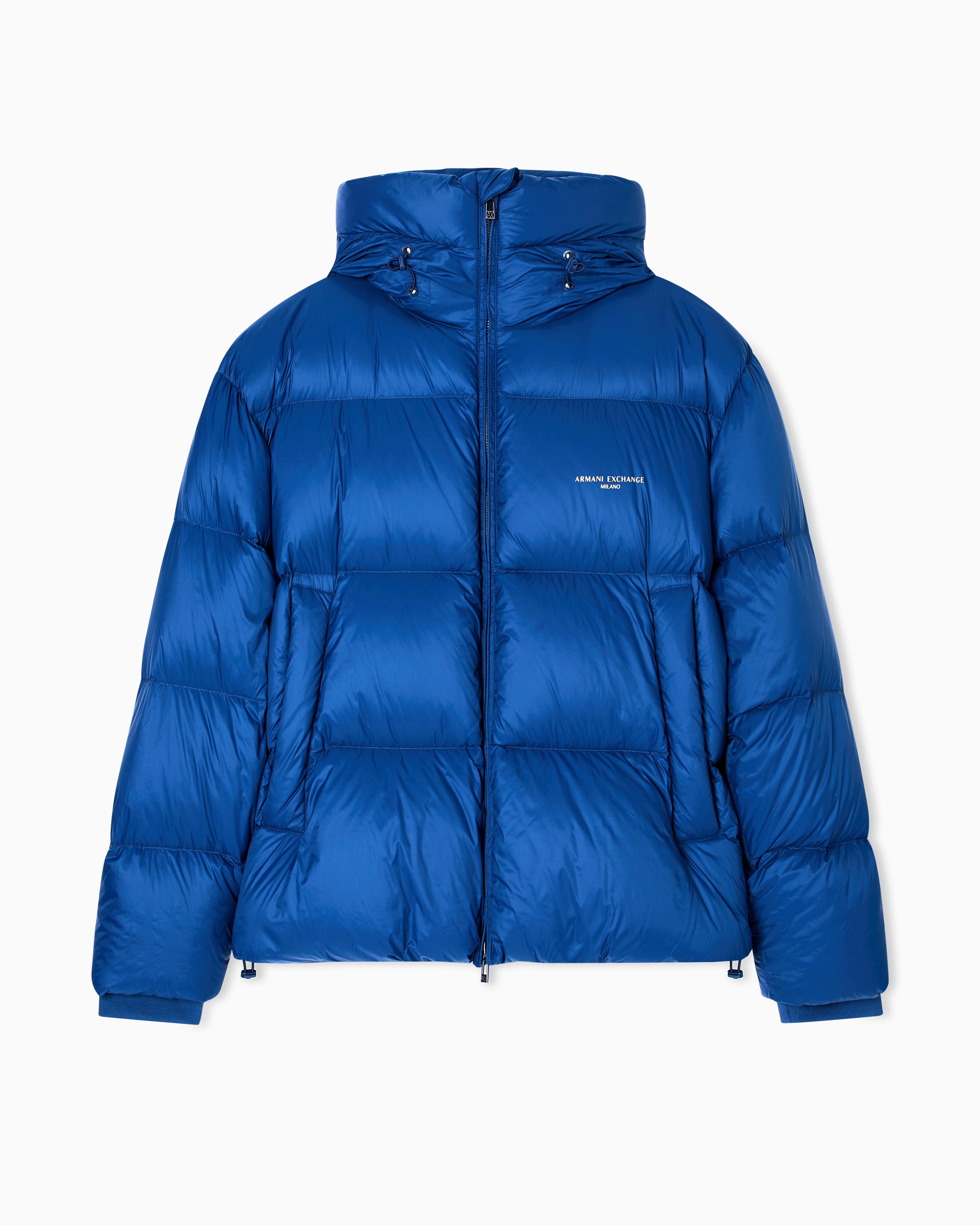 Armani Exchange - Satin hooded down jacket, Man, Blue, Size: