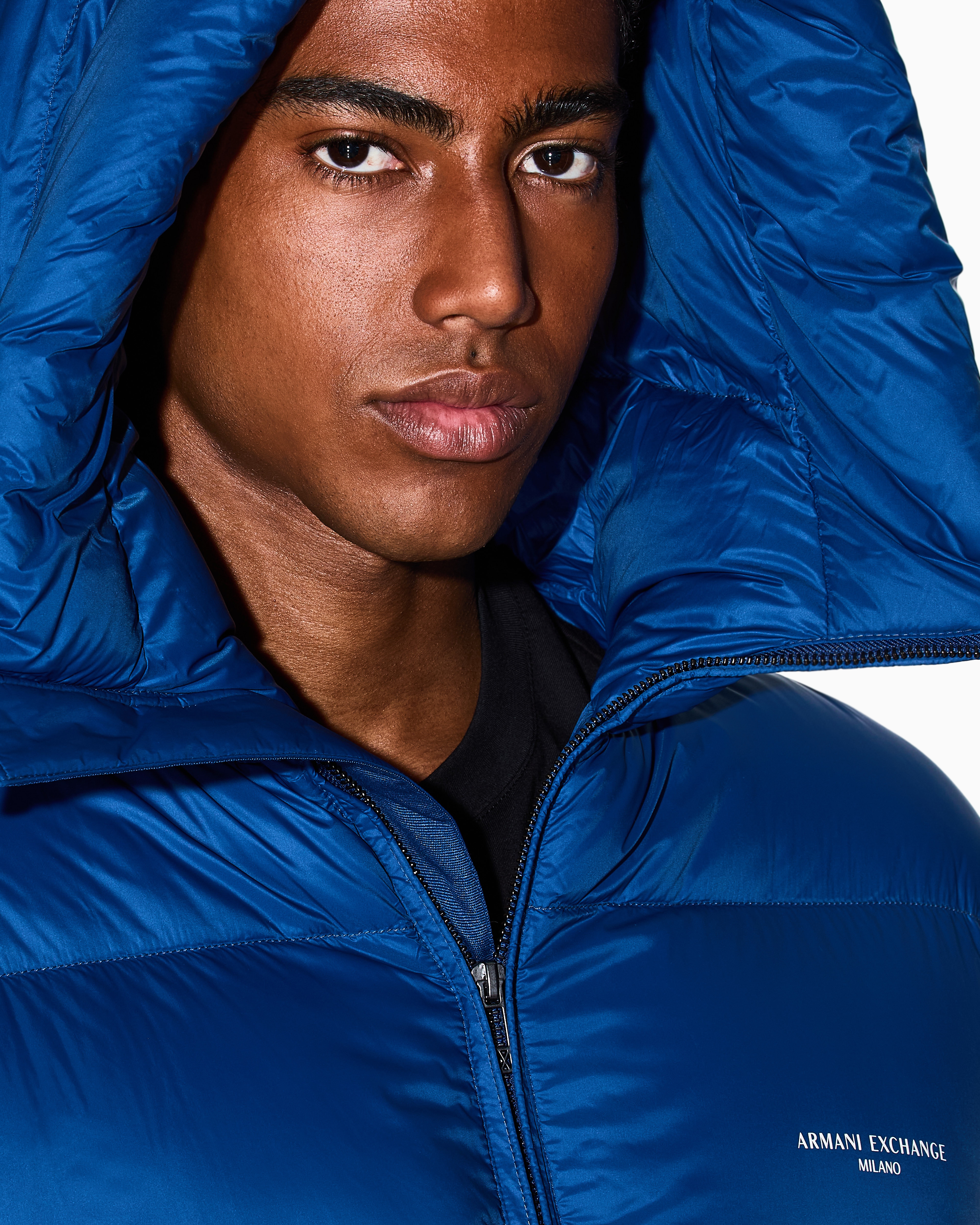 Armani Exchange - Satin hooded down jacket, Man, Blue, Size: