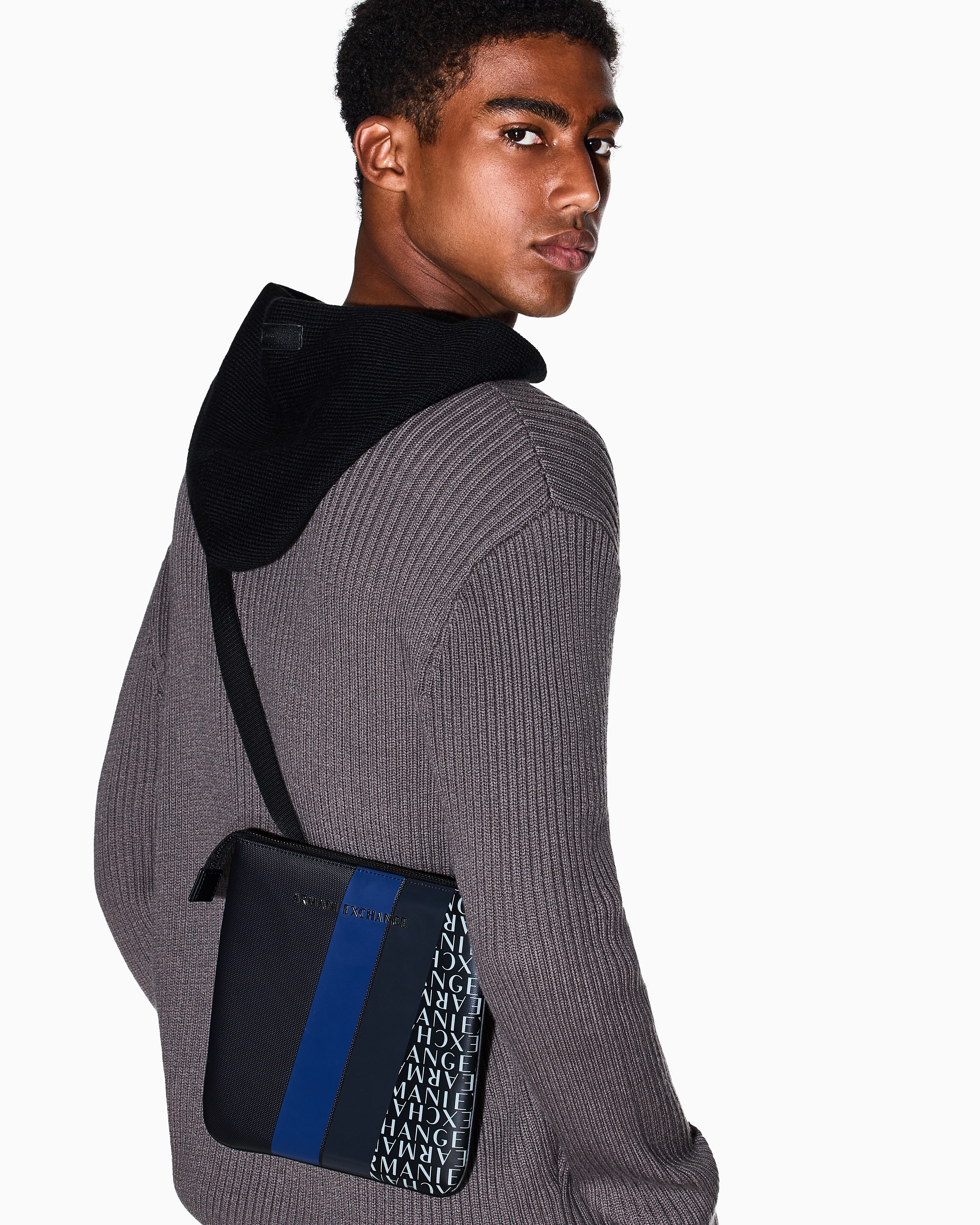 Armani Exchange - Monogram and Stripe Flat Shoulder Bag, Man, Blue, Size: TU