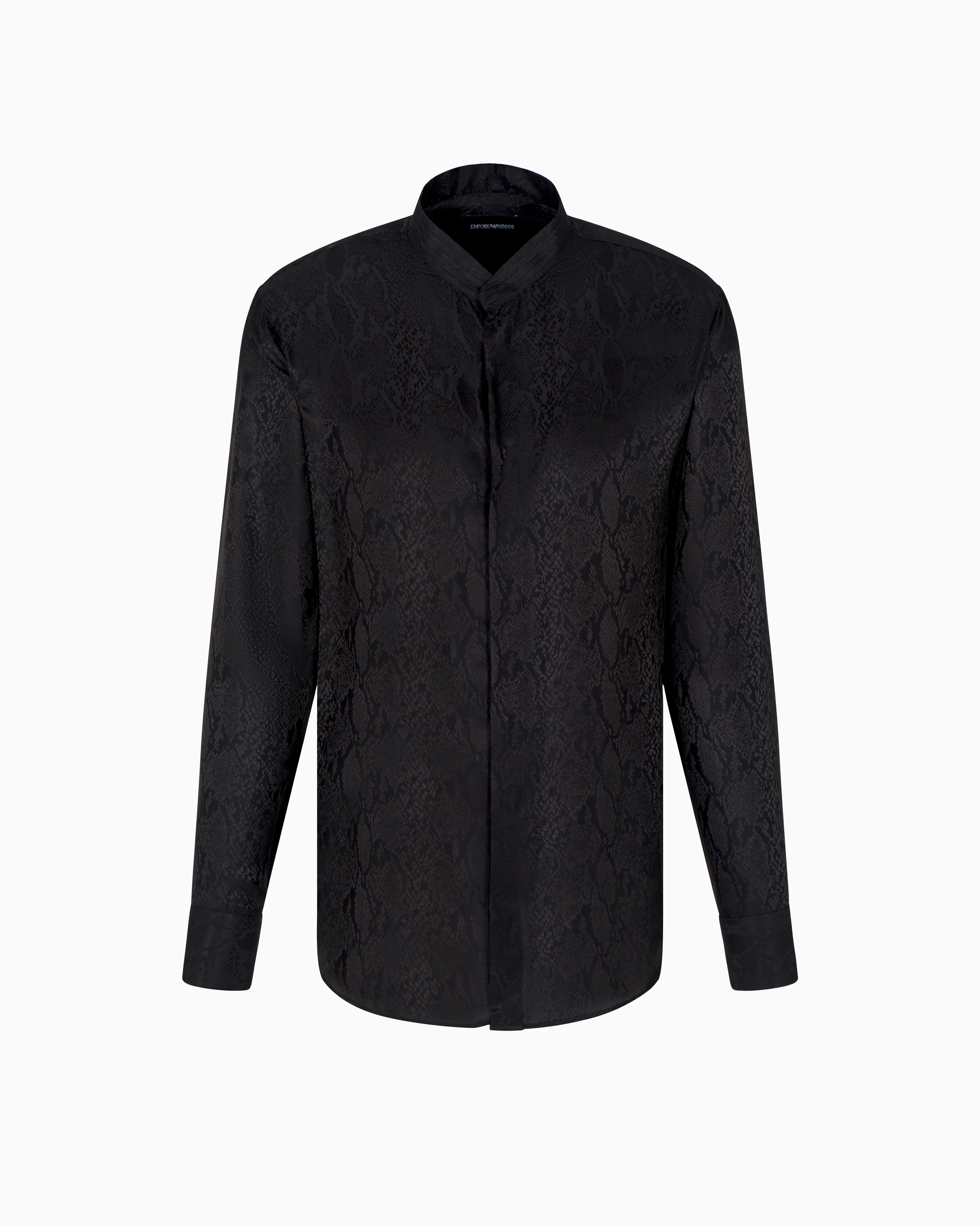 Emporio Armani - Silk-blend animal jacquard shirt with guru collar, Man, Black, Size: