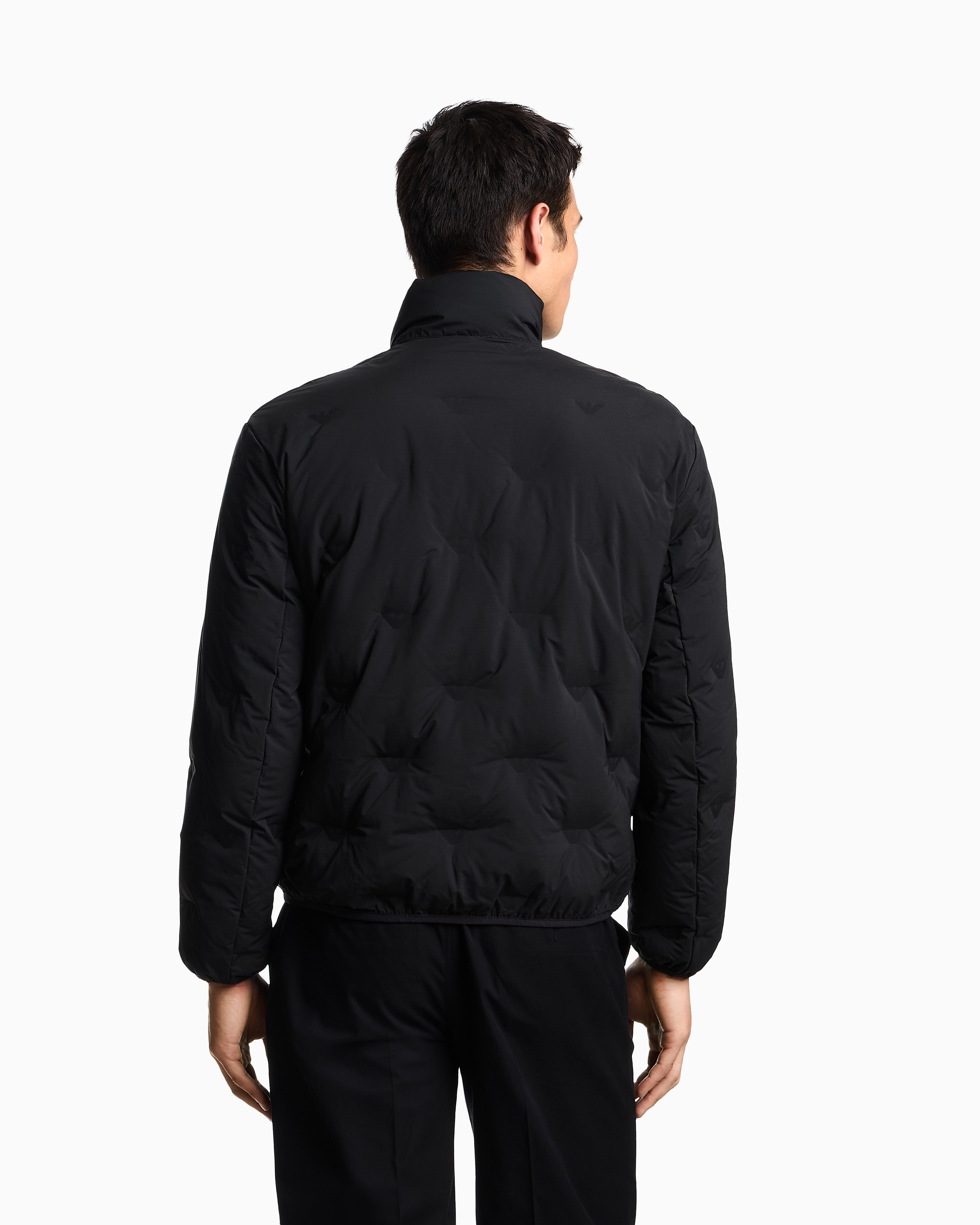 Emporio Armani - Full-zip nylon down jacket with inlaid all-over micro eagles, Man, Black, Size:
