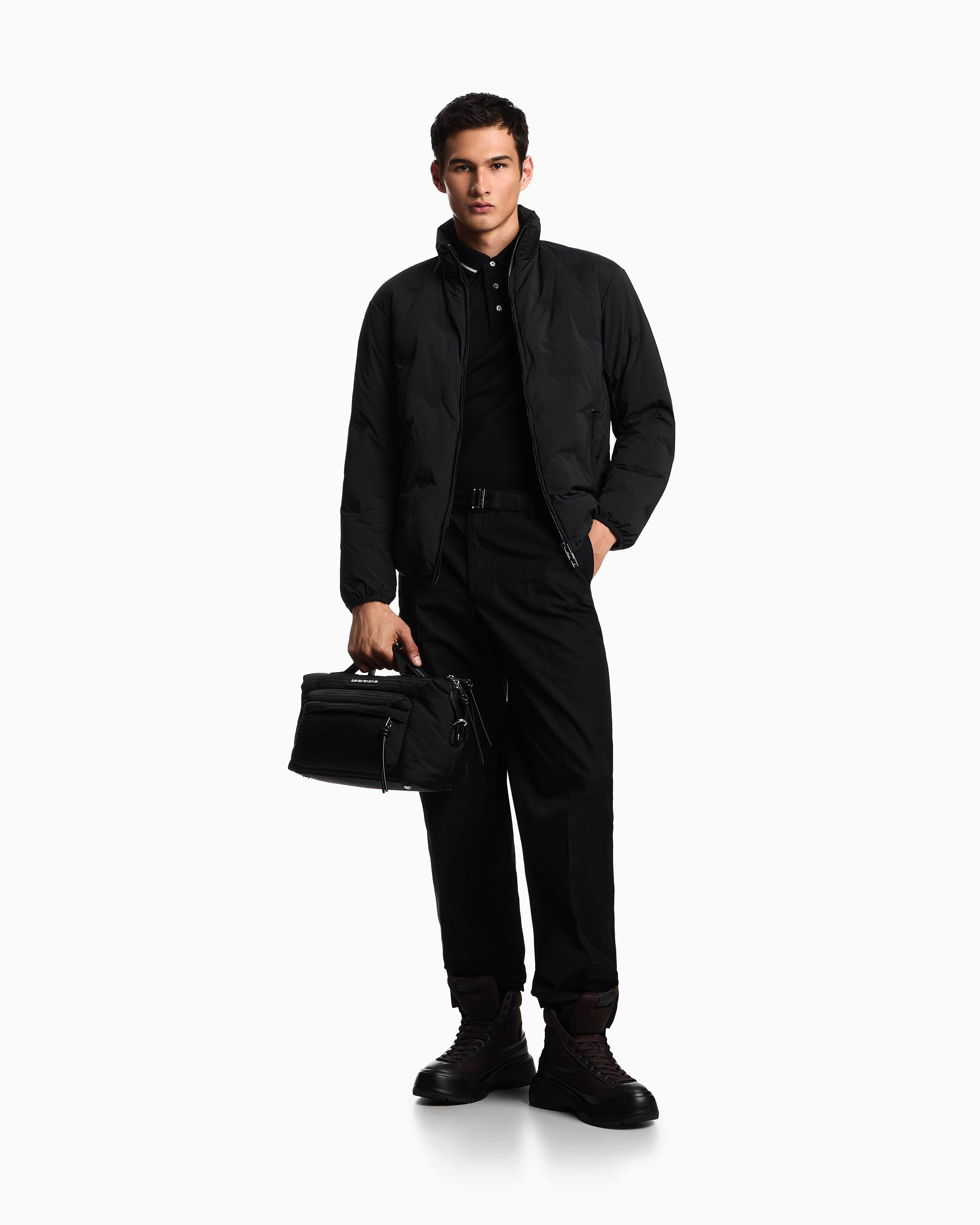 Emporio Armani - Full-zip nylon down jacket with inlaid all-over micro eagles, Man, Black, Size: