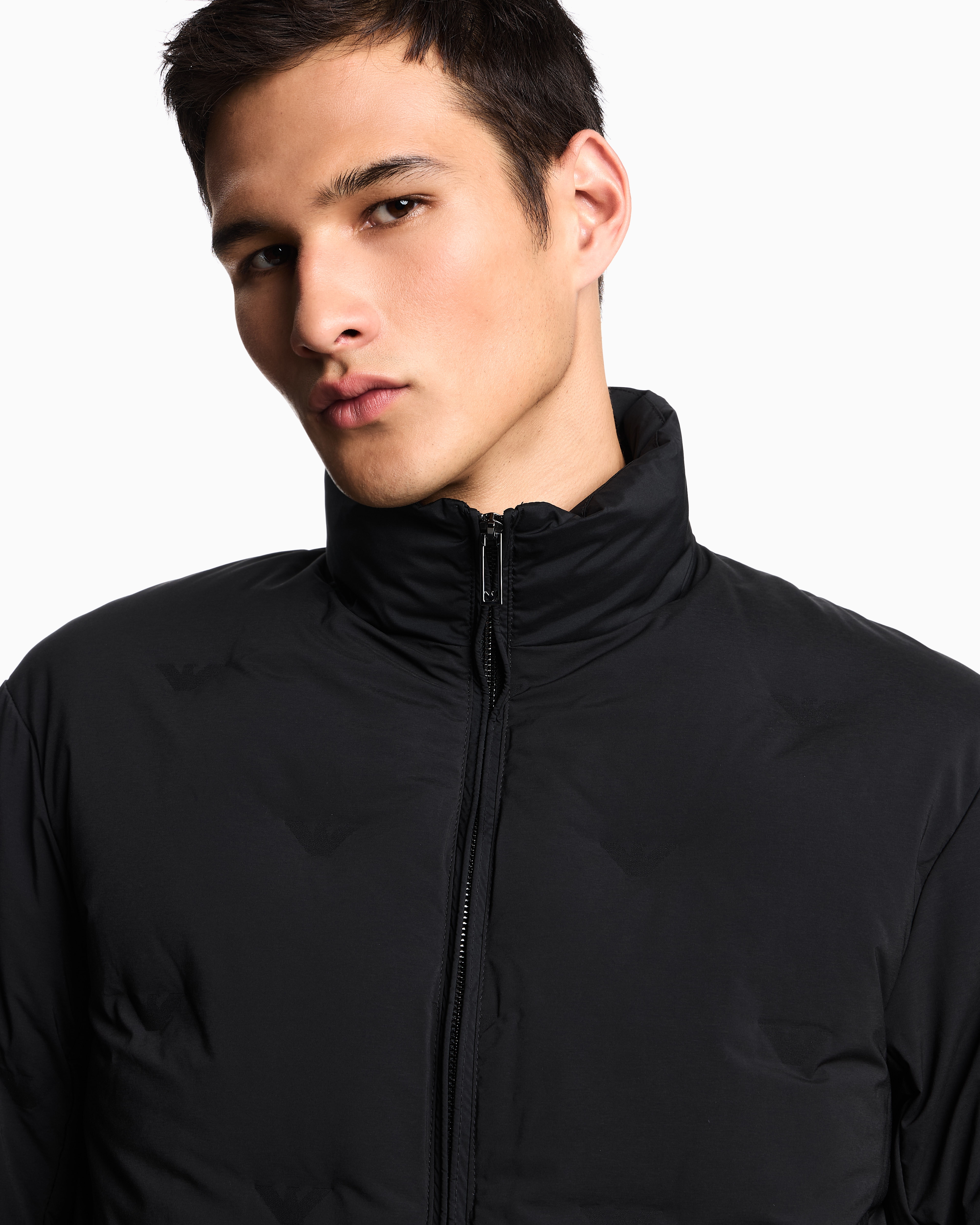 Emporio Armani - Full-zip nylon down jacket with inlaid all-over micro eagles, Man, Black, Size: