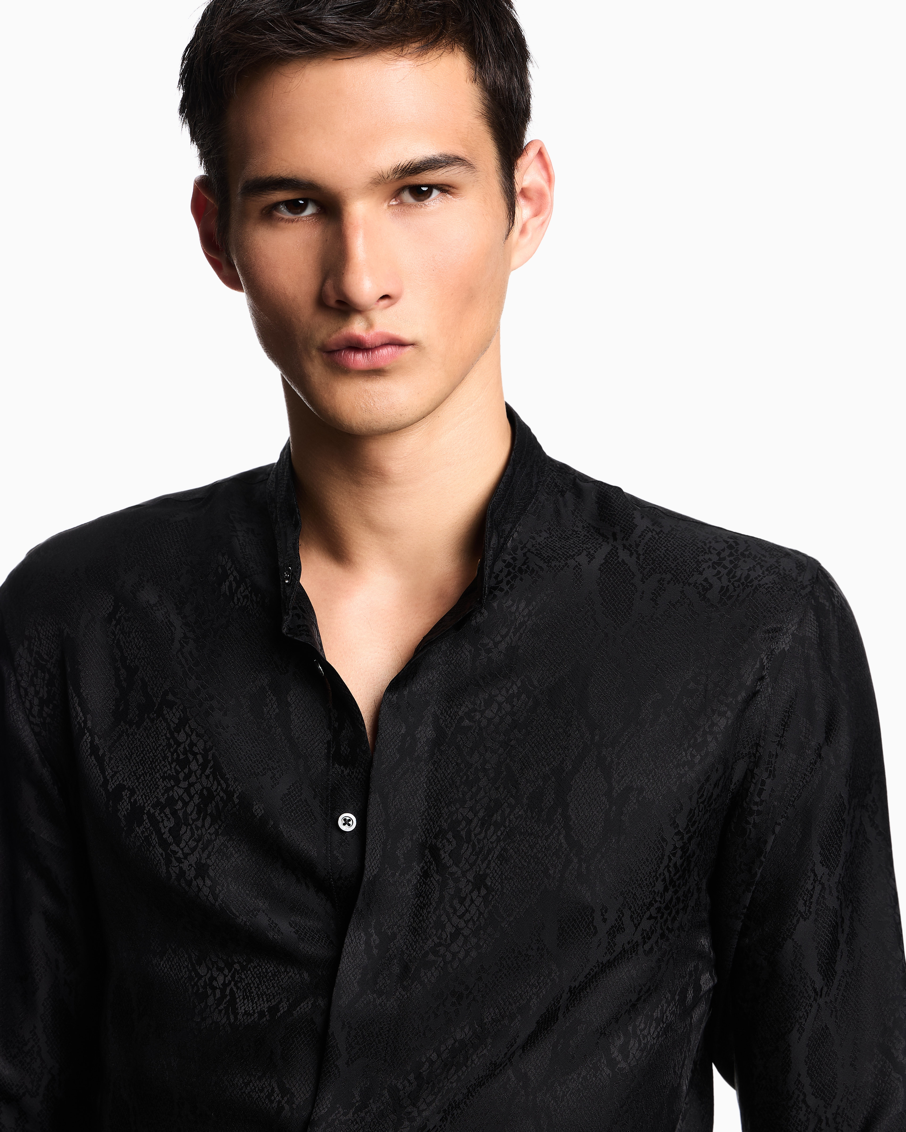 Emporio Armani - Silk-blend animal jacquard shirt with guru collar, Man, Black, Size: