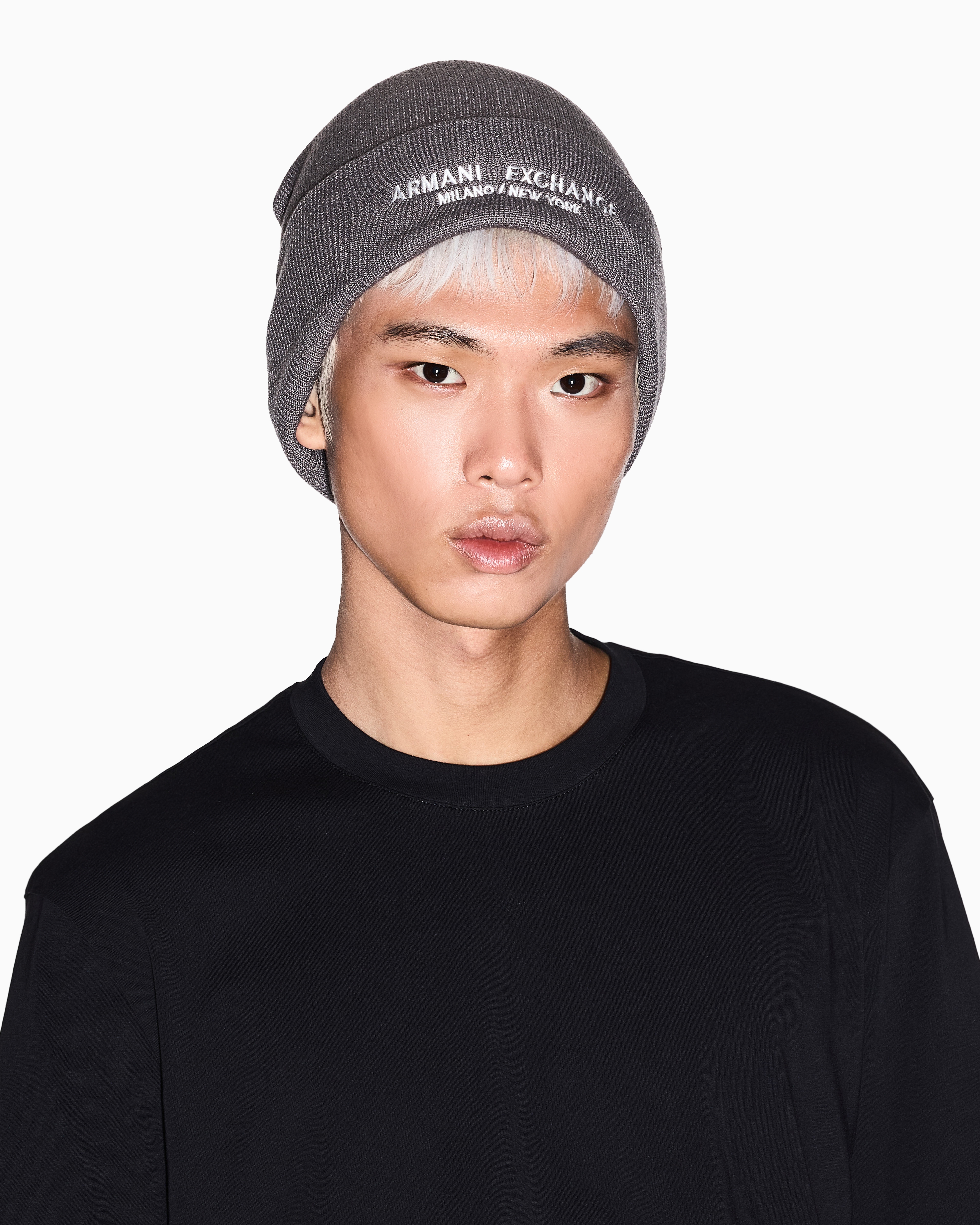 Knit beanie Essential with a folded cuff and embroidery | Armani