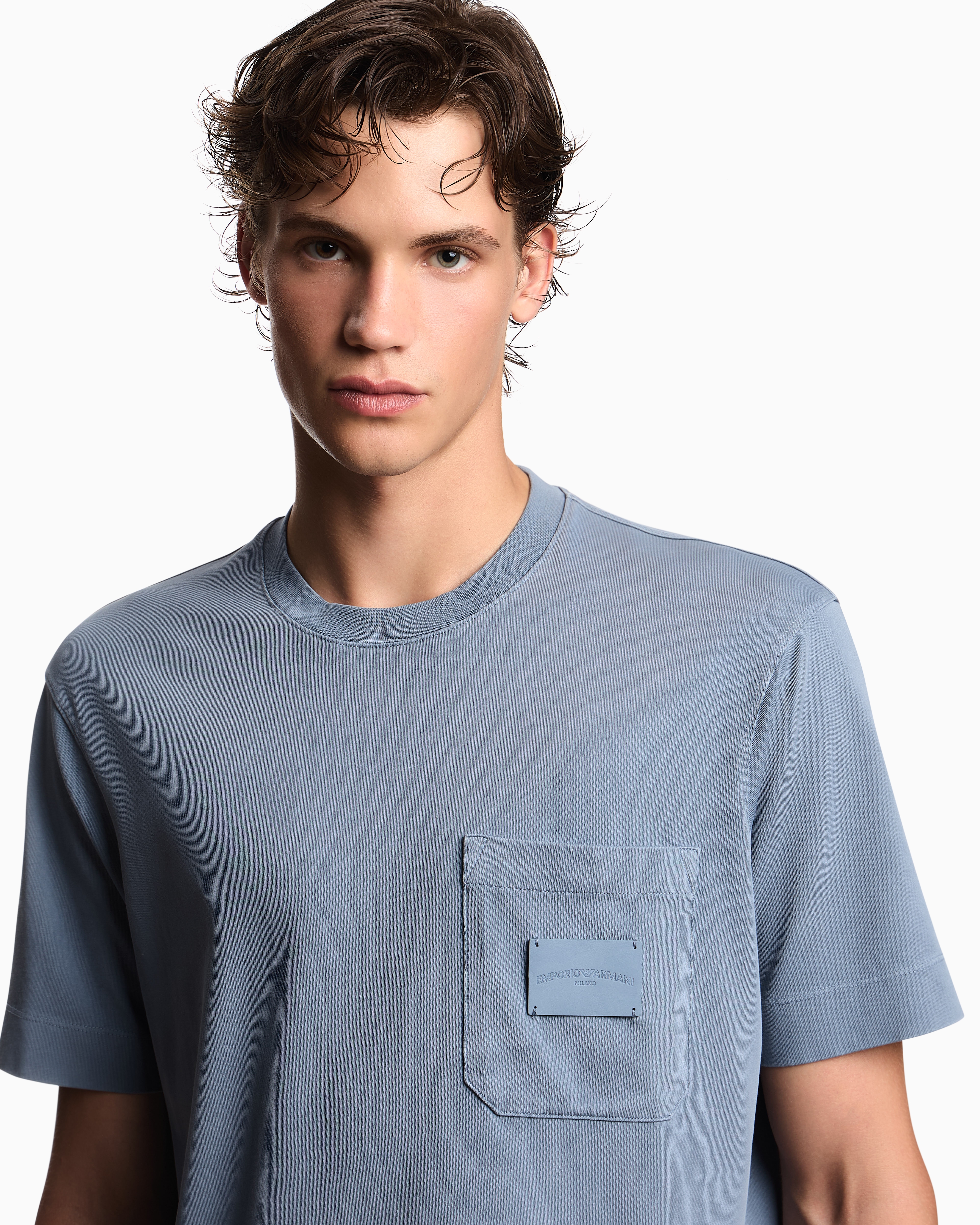Emporio Armani - ASV jersey T-shirt with leather logo patch, Man, Light Blue, Size: