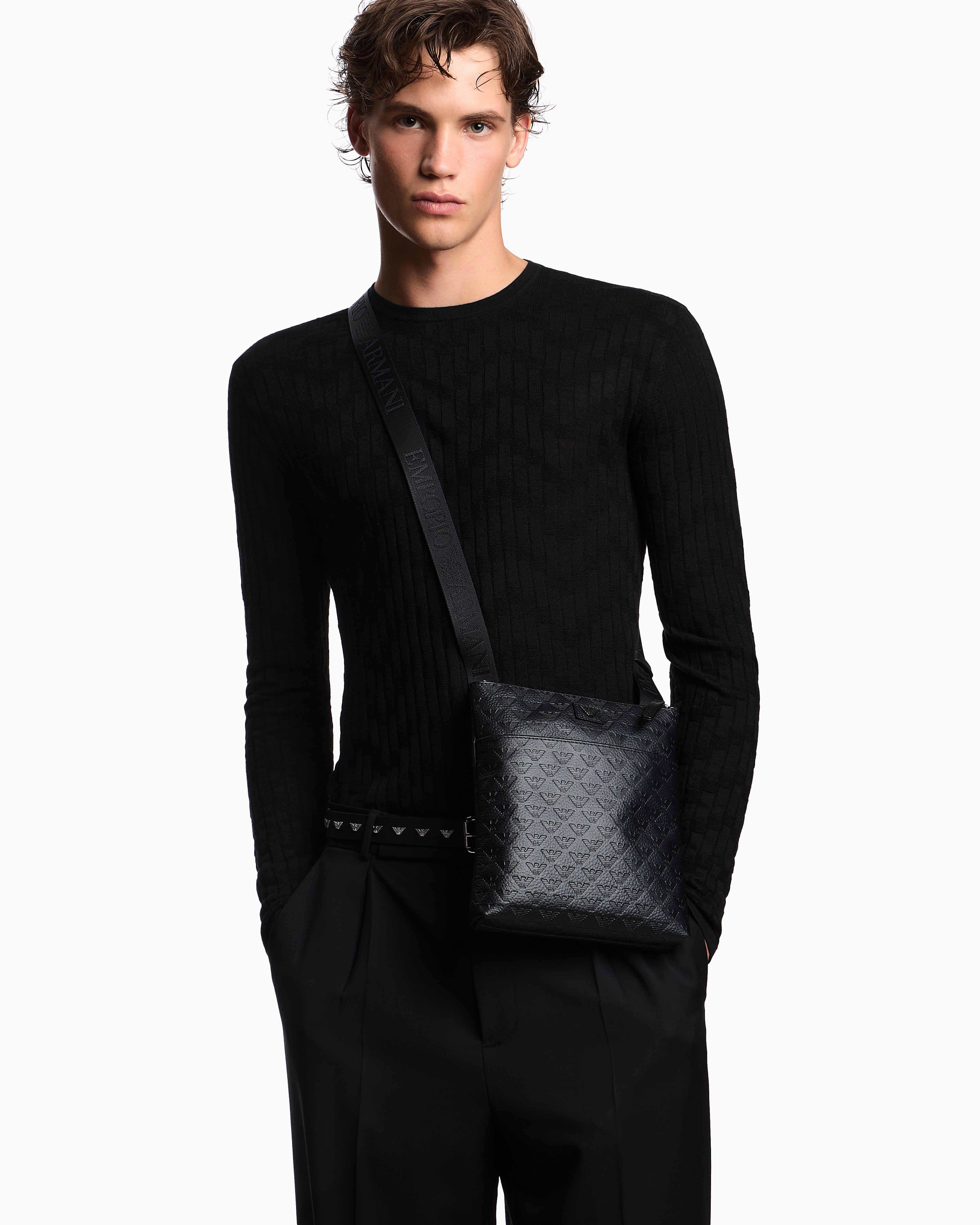 Emporio Armani - Flat leather shoulder bag with all-over embossed eagle , Man, Black, Size: TU