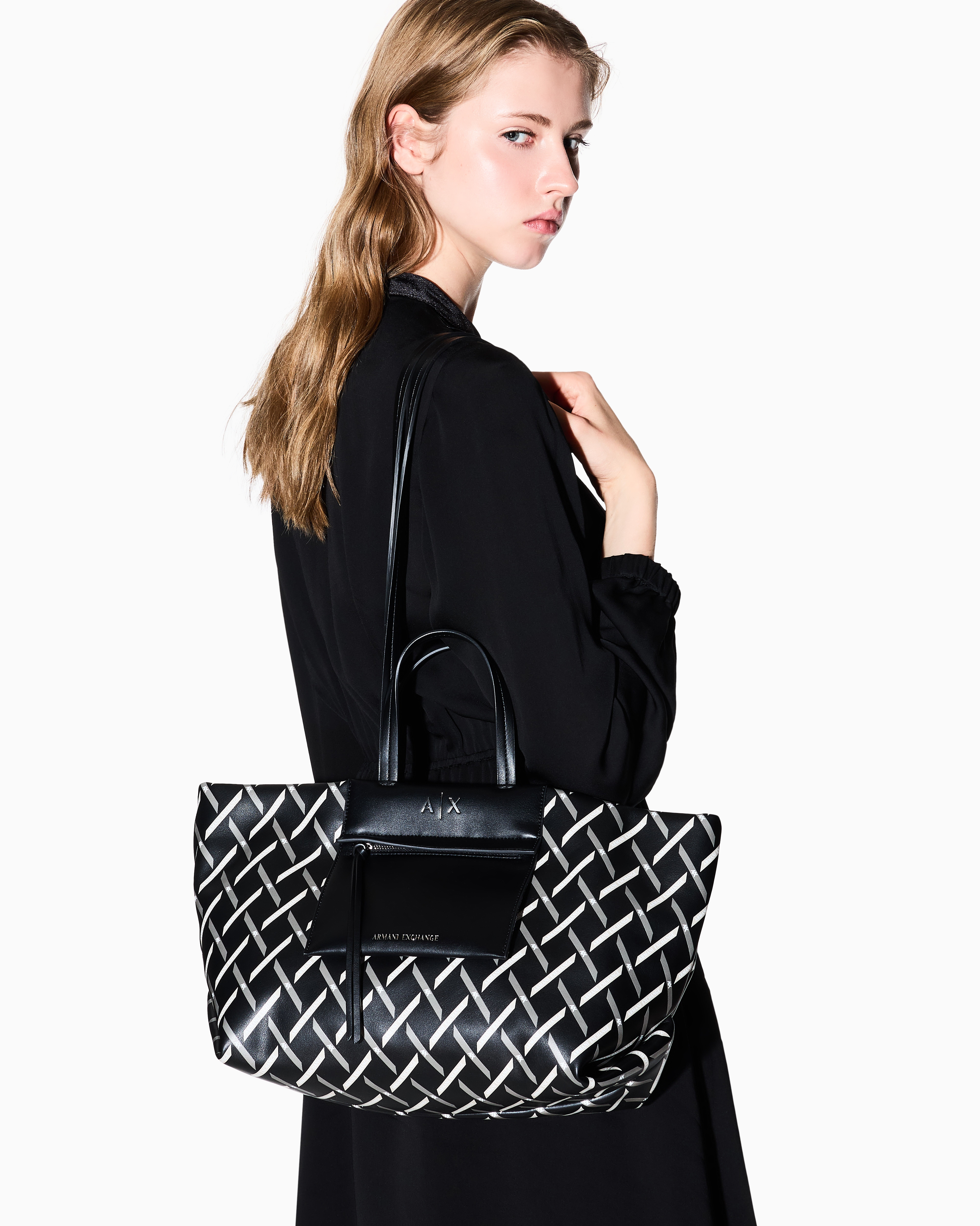 Armani Exchange - Diamond Graphic Tote Bag, Woman, Black, Size: TU