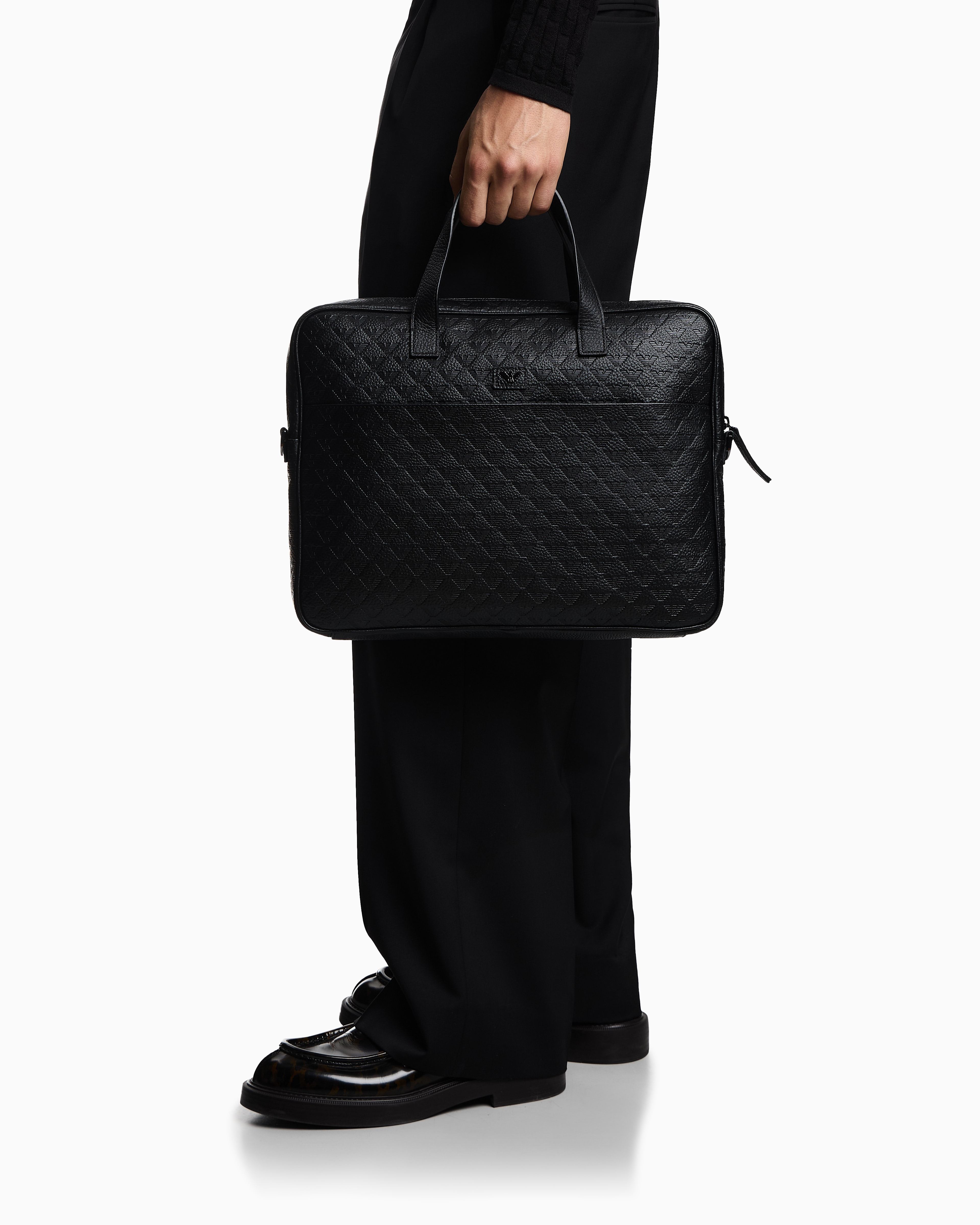 Emporio Armani - Business bag in leather with all-over embossed eagle , Man, Black, Size: TU