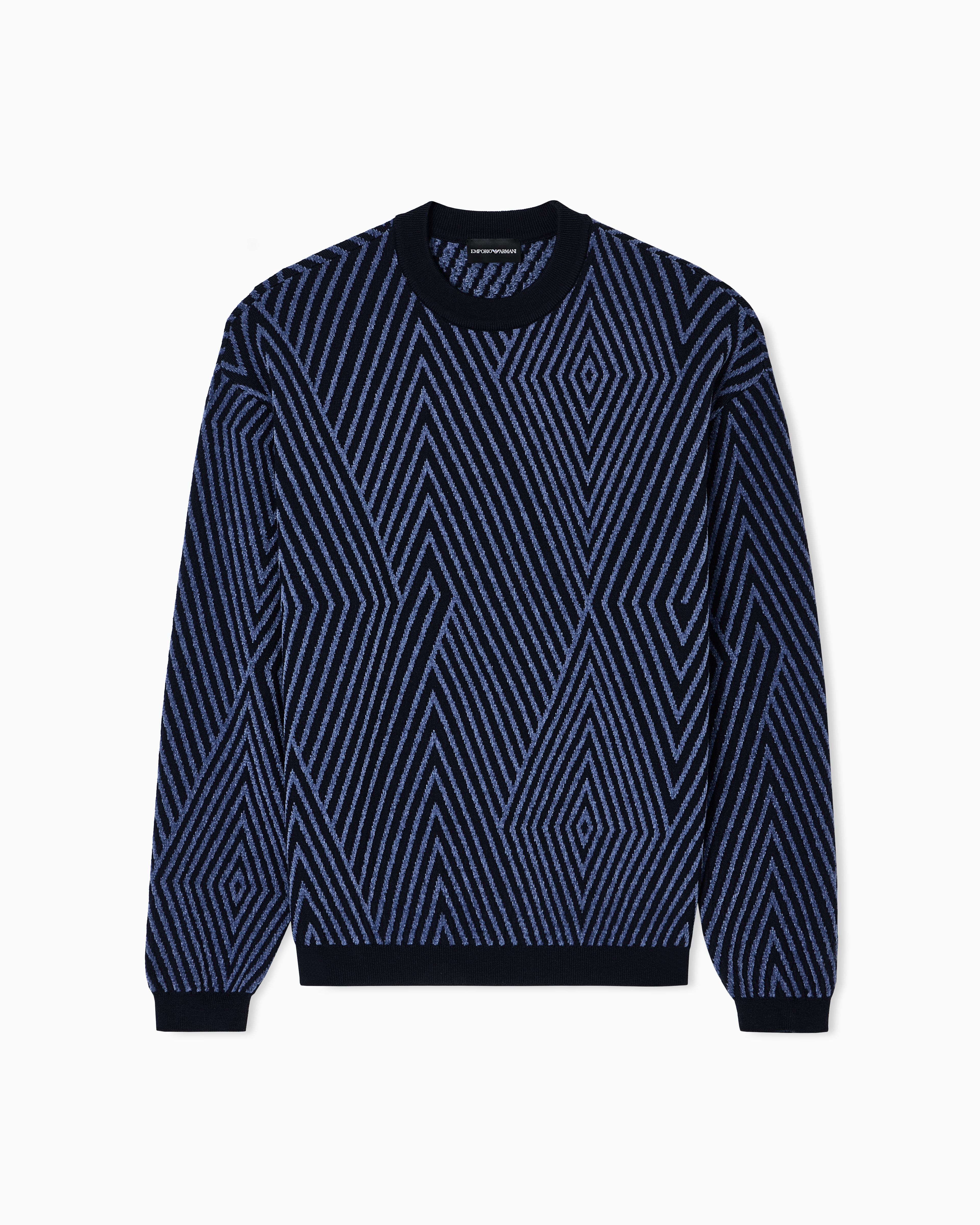 Emporio Armani - Virgin wool-blend jumper with op-art jacquard oversized diamonds, Man, Blue, Size: