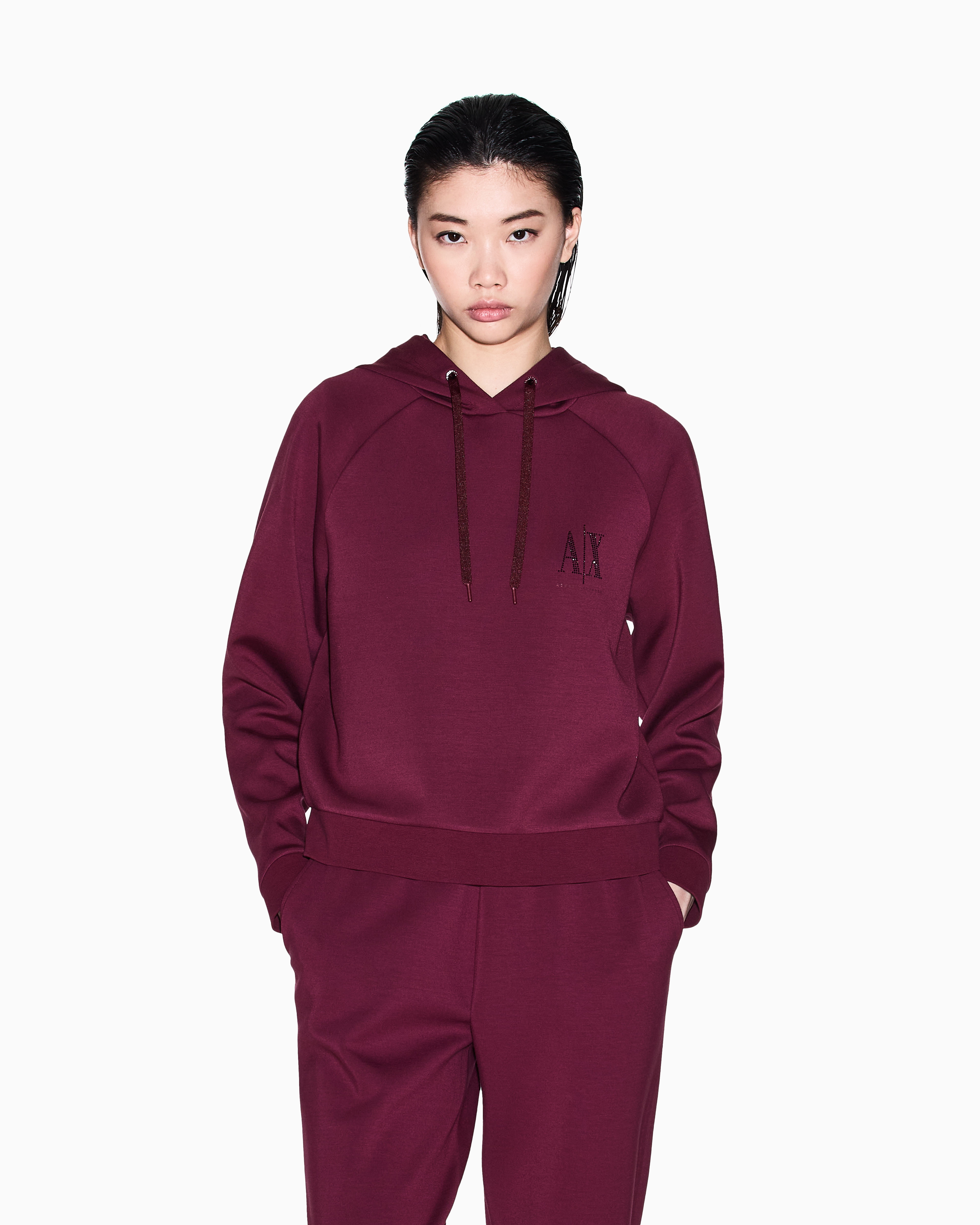 Armani Exchange - Glitter Logo Hoodie, Woman, Burgundy, Size: