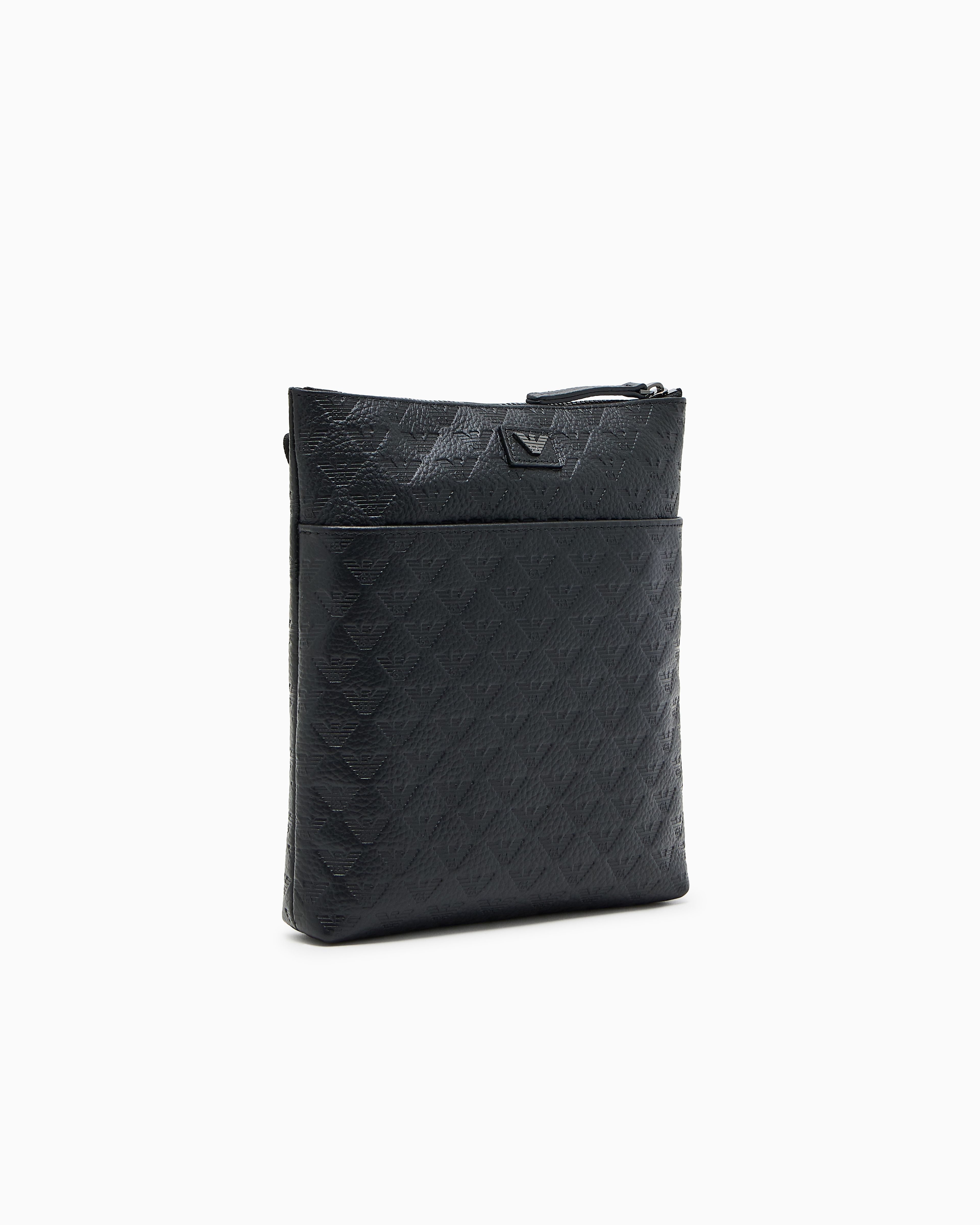 Emporio Armani - Flat leather shoulder bag with all-over embossed eagle , Man, Black, Size: TU