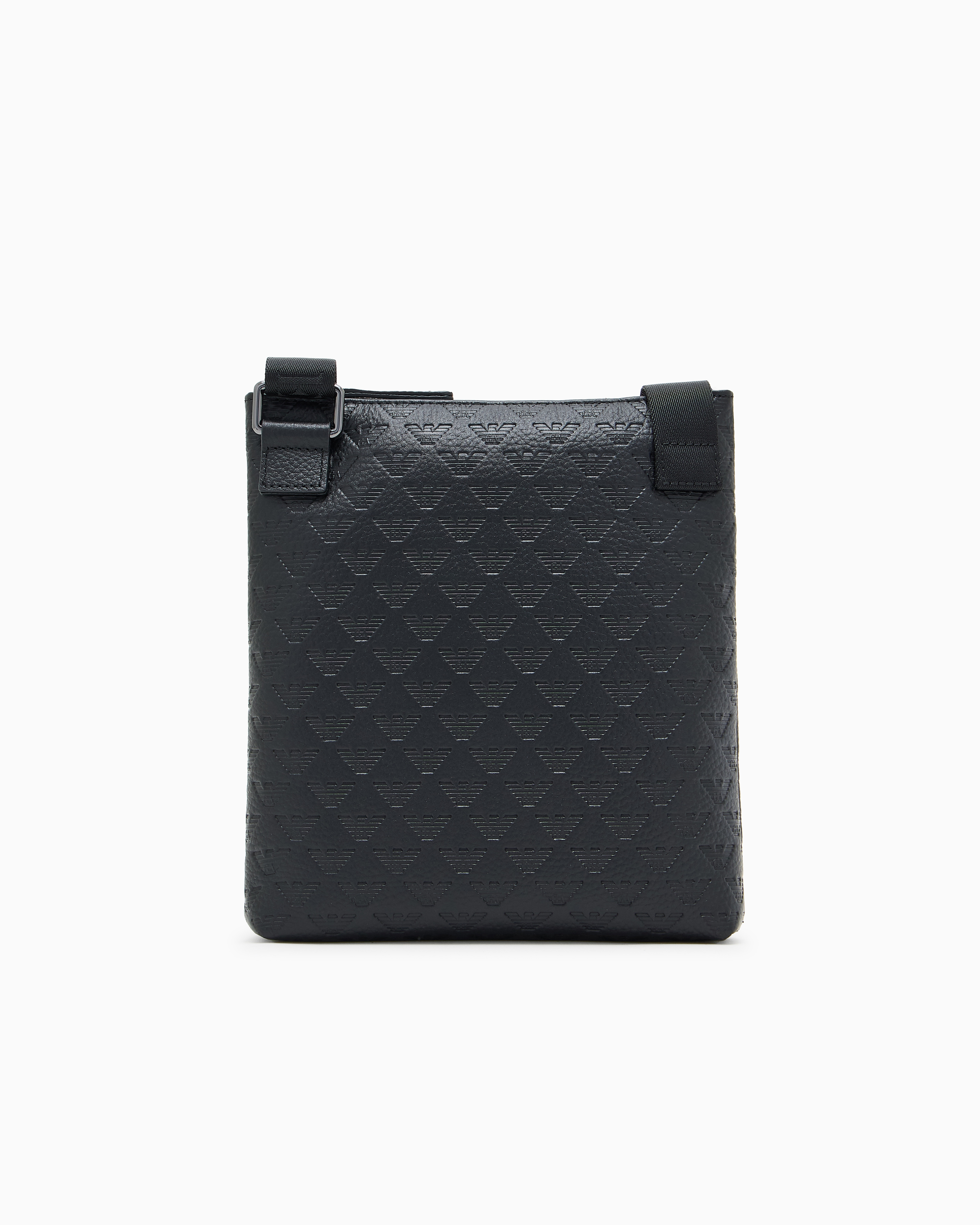 Emporio Armani - Flat leather shoulder bag with all-over embossed eagle , Man, Black, Size: TU