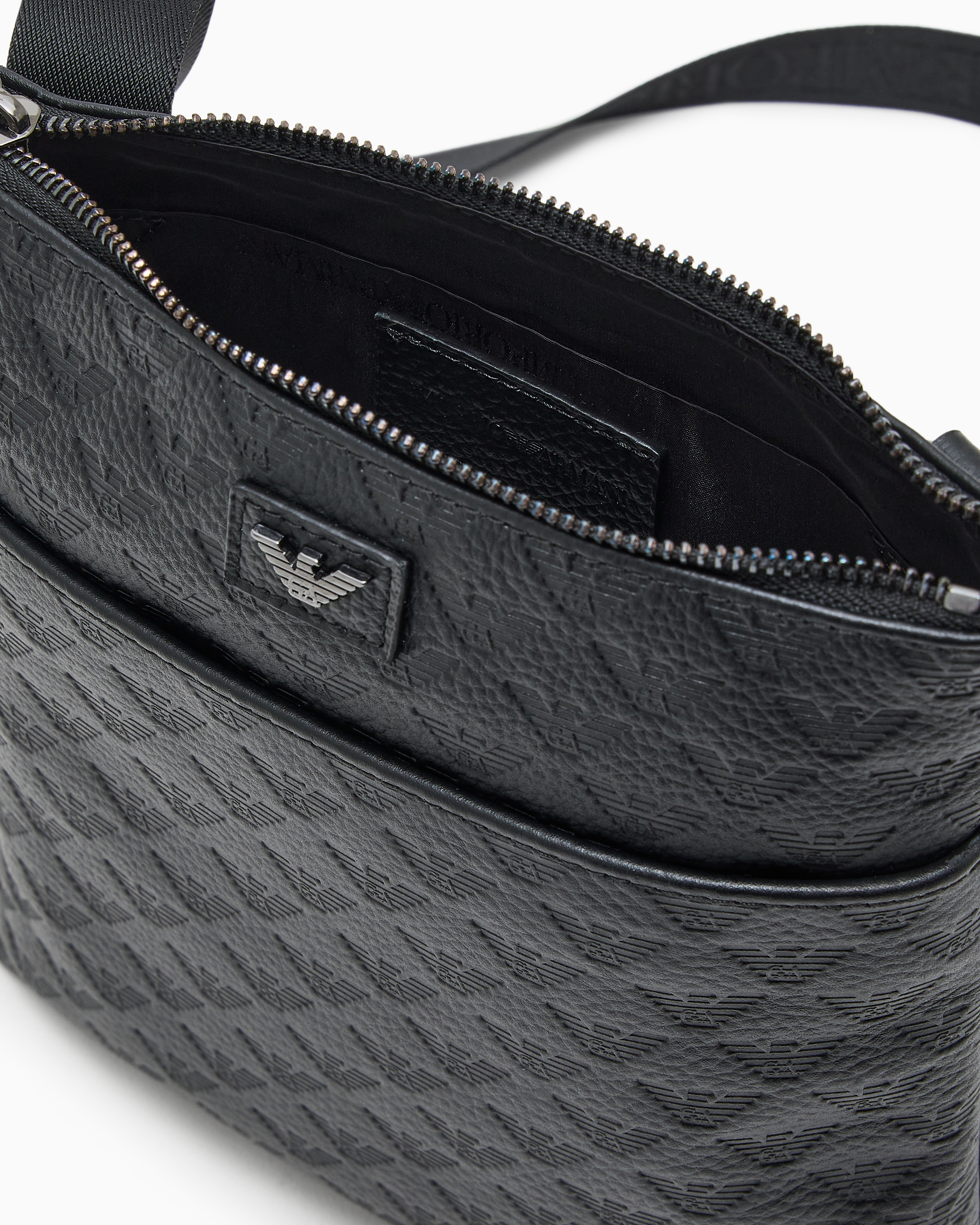 Emporio Armani - Flat leather shoulder bag with all-over embossed eagle , Man, Black, Size: TU