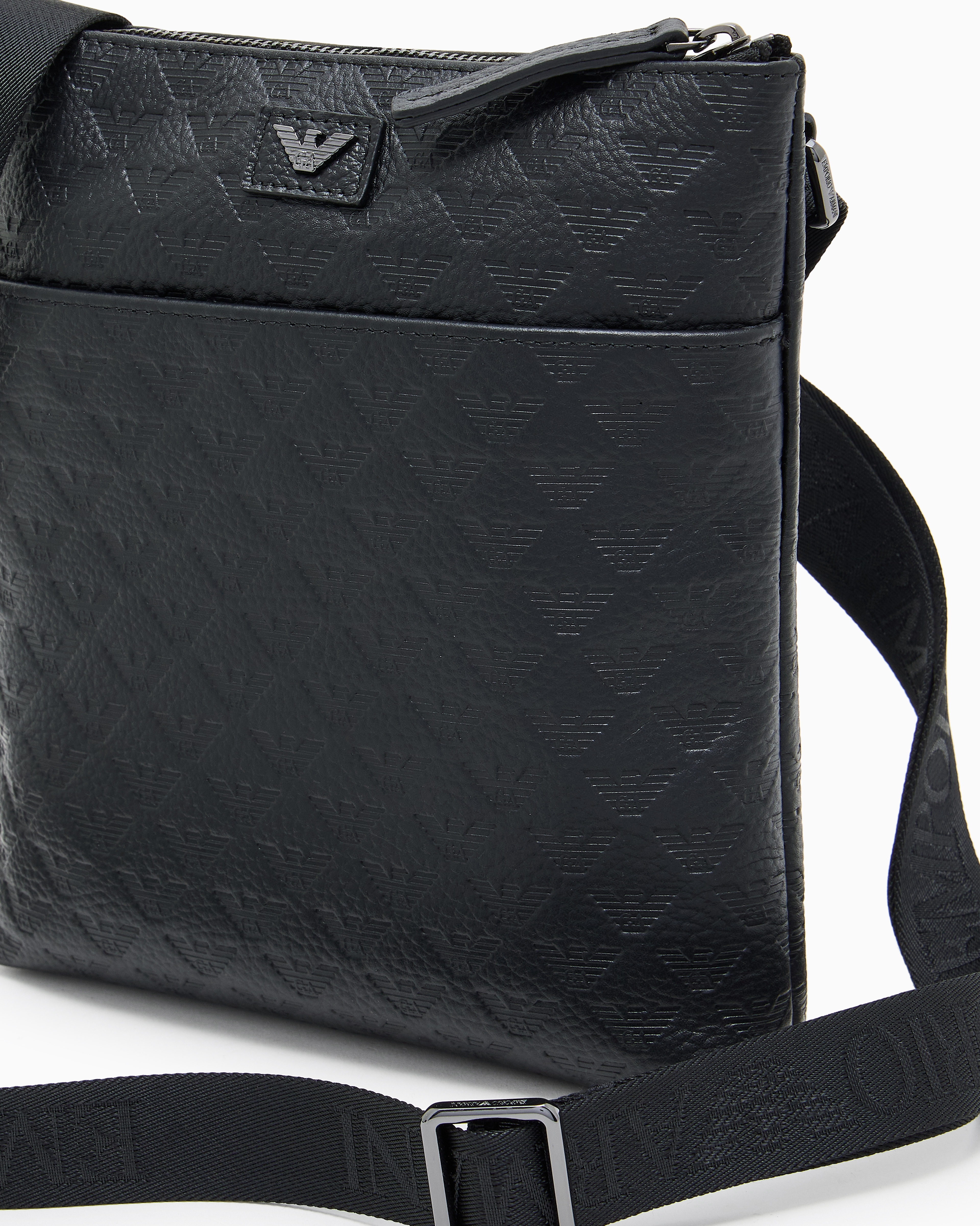Emporio Armani - Flat leather shoulder bag with all-over embossed eagle , Man, Black, Size: TU