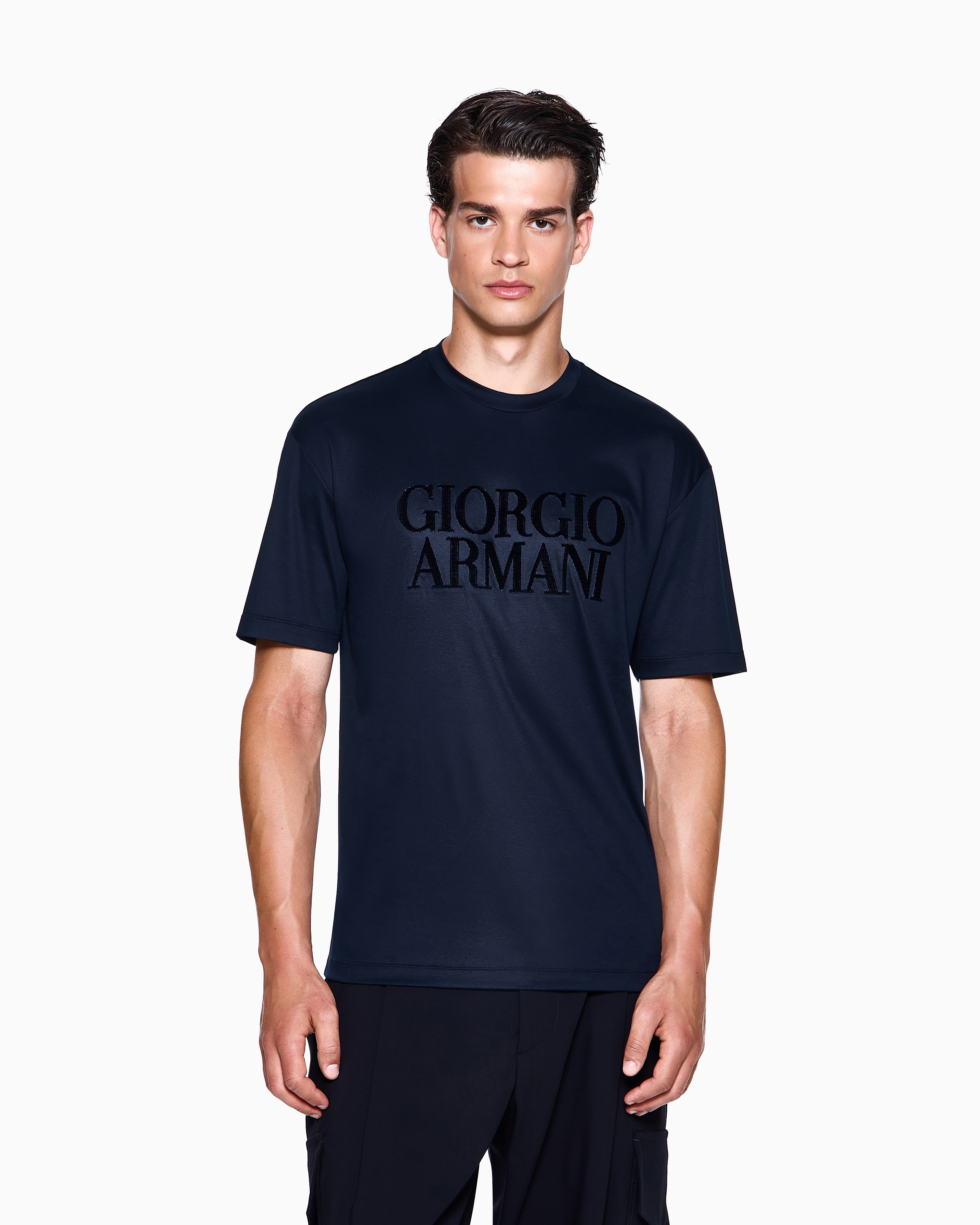 Cotton-interlock T-shirt with embroidered logo | Giorgio Armani