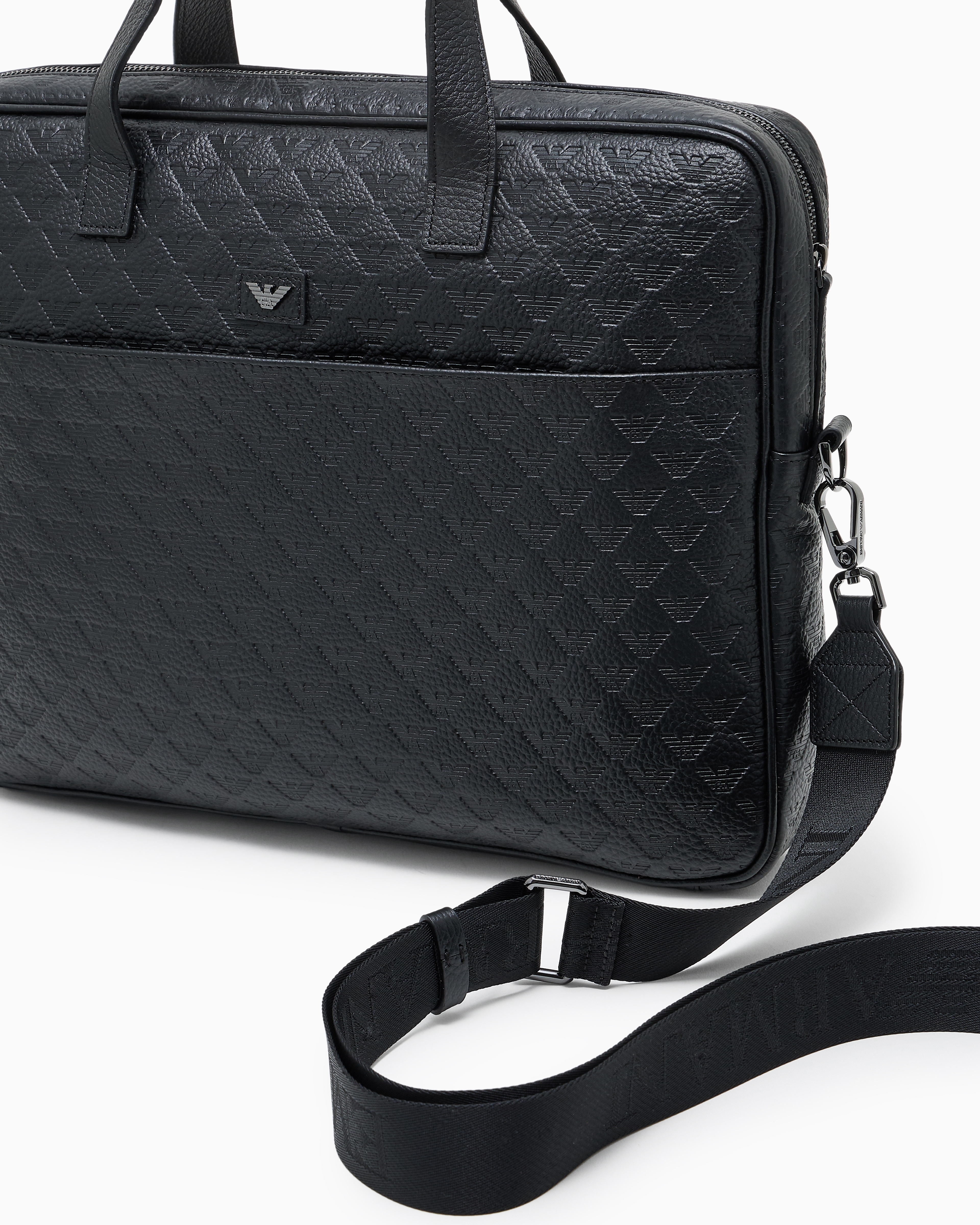 Emporio Armani - Business bag in leather with all-over embossed eagle , Man, Black, Size: TU