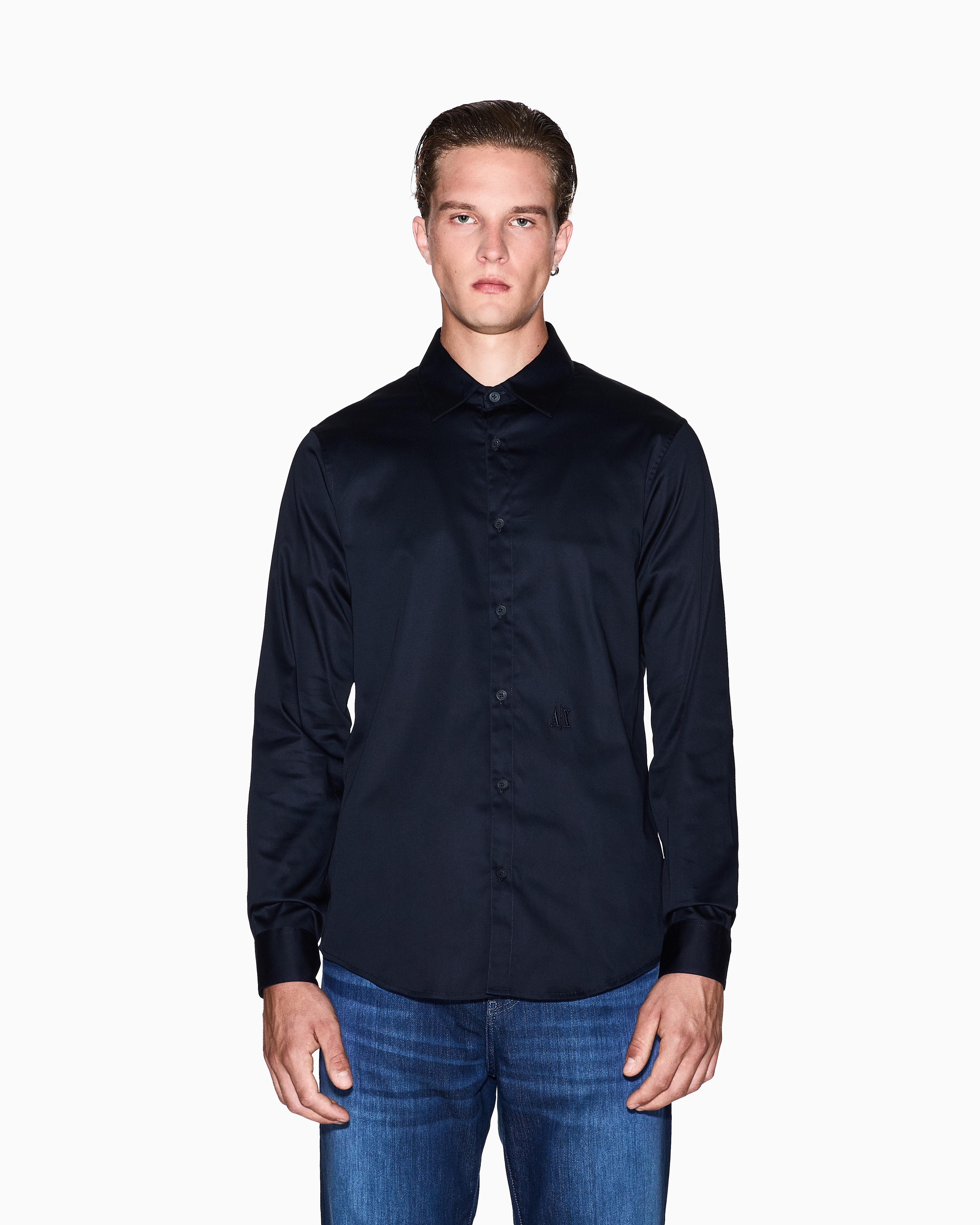Armani Exchange - Long-sleeved stretch cotton shirt, Man, Navy_blue, Size: