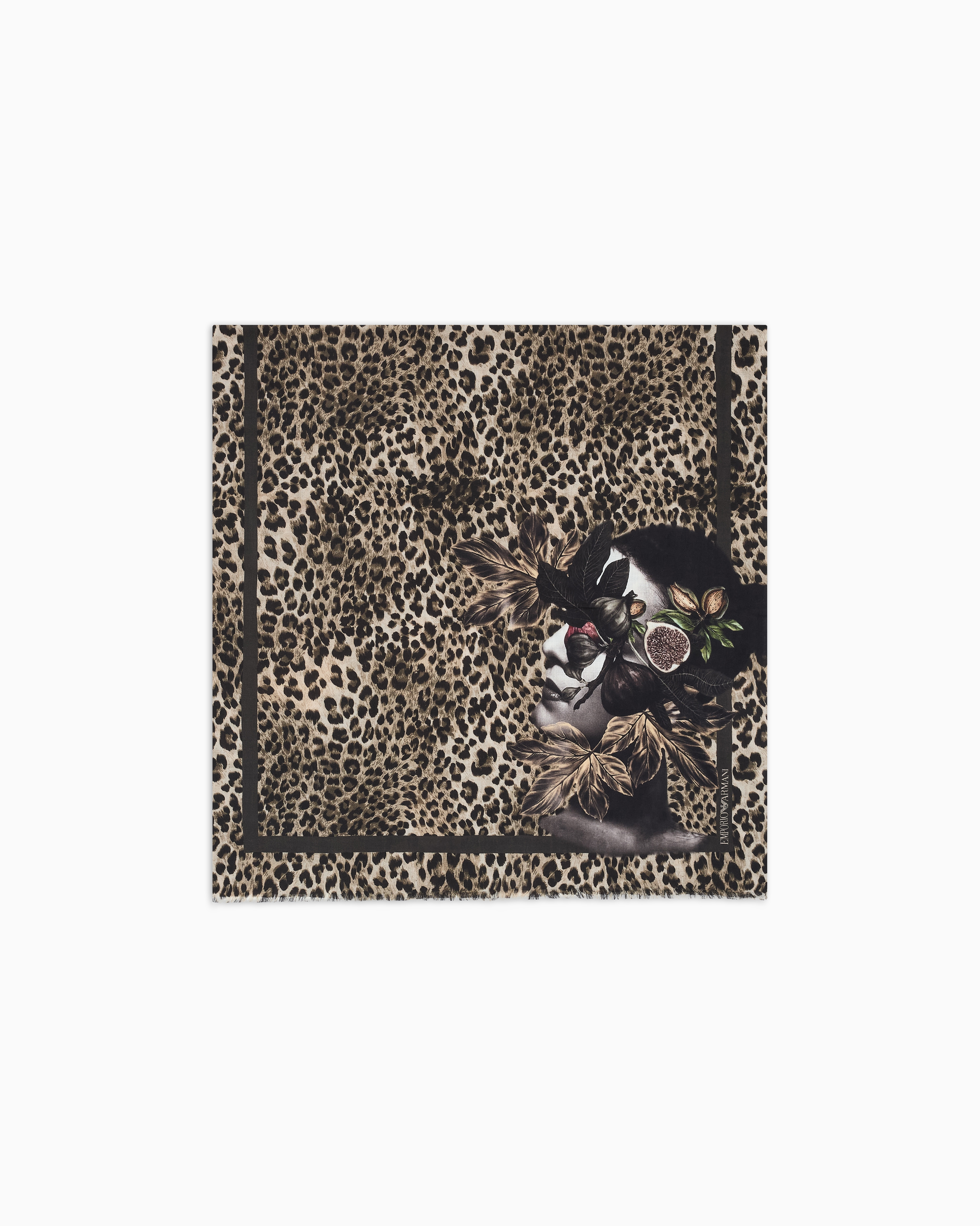 Emporio Armani - Speckled virgin-wool scarf with a woman and foliage print, Man, Beige, Size: TU
